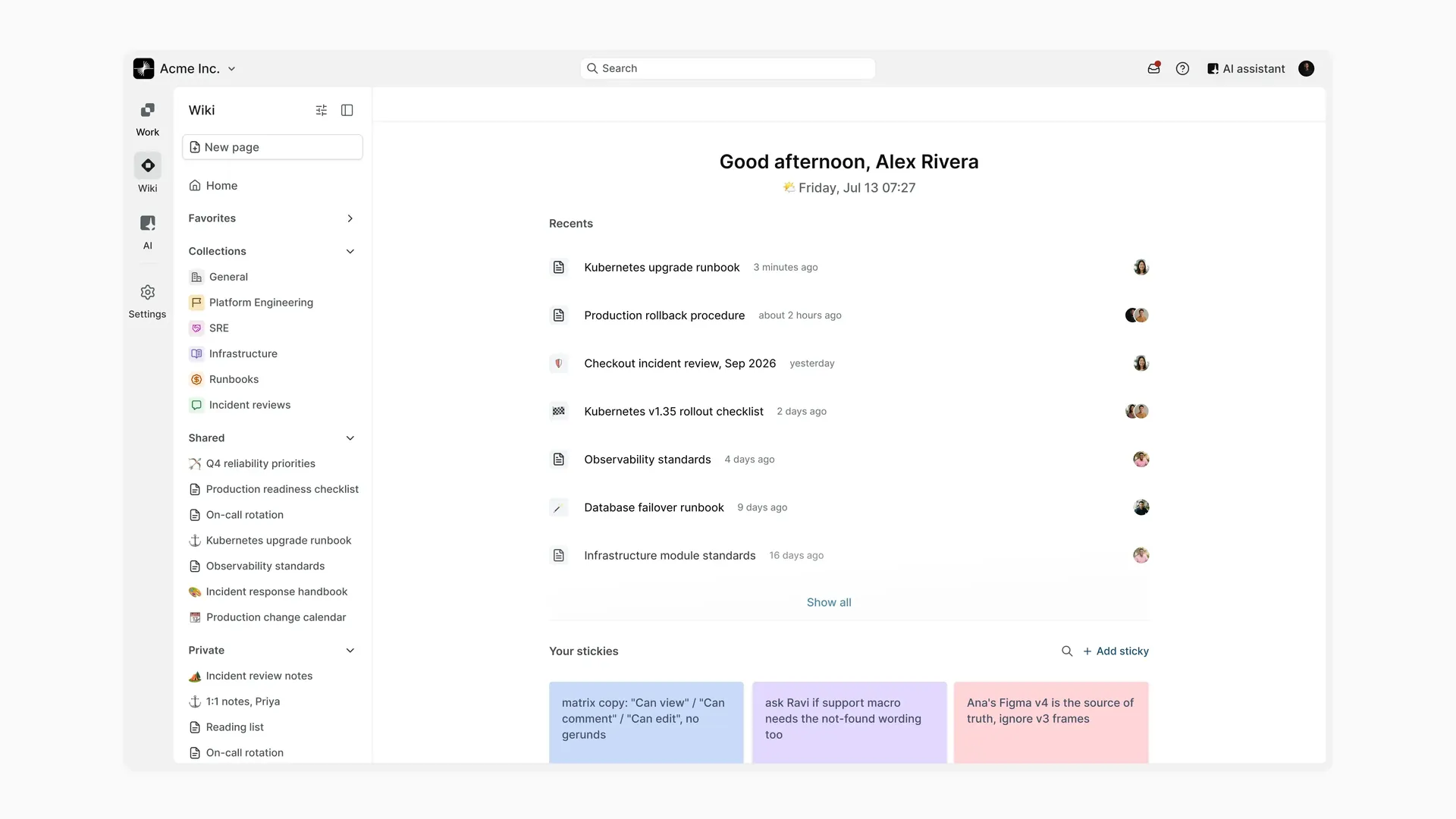 Plane Wiki showing runbooks, rollback procedures, incident reviews, and other DevOps and SRE operational documentation.