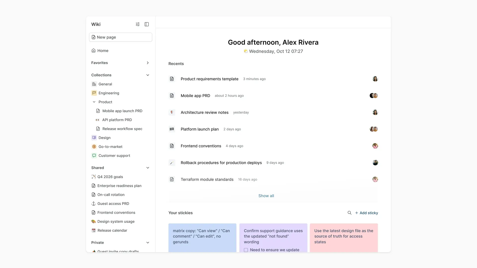 Plane Workspace Wiki showing Collections, nested Pages, shared Pages, and private Pages.