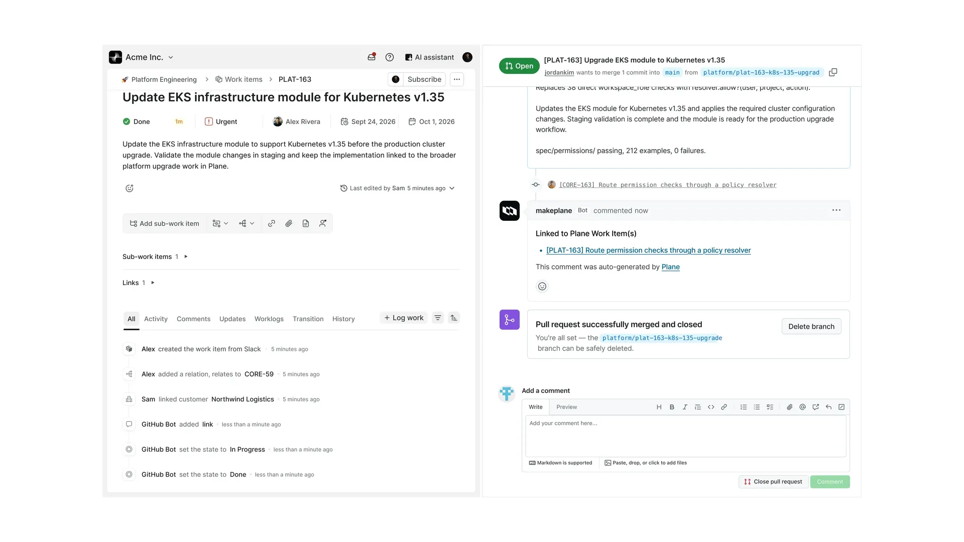 Plane Work Item linked to a GitHub pull request, with Git activity updating the connected engineering work.