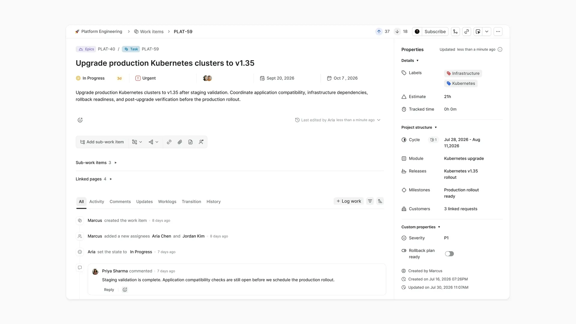 Plane Work Item for a Kubernetes upgrade showing ownership, priority, Milestone, dependencies, and rollout context.
