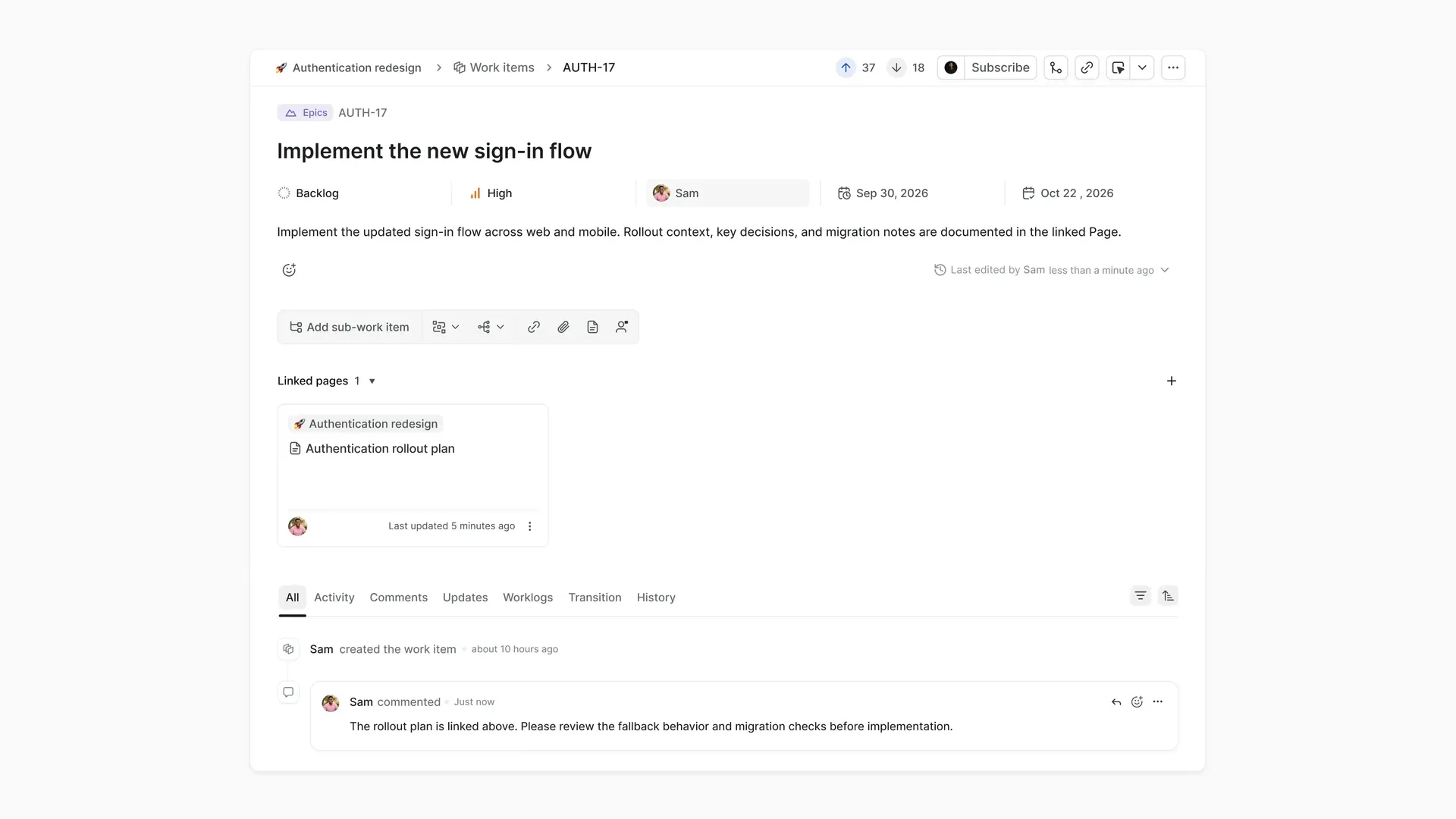 Plane Work Item for a sign-in flow with its authentication rollout Page linked directly in the Work Item details.