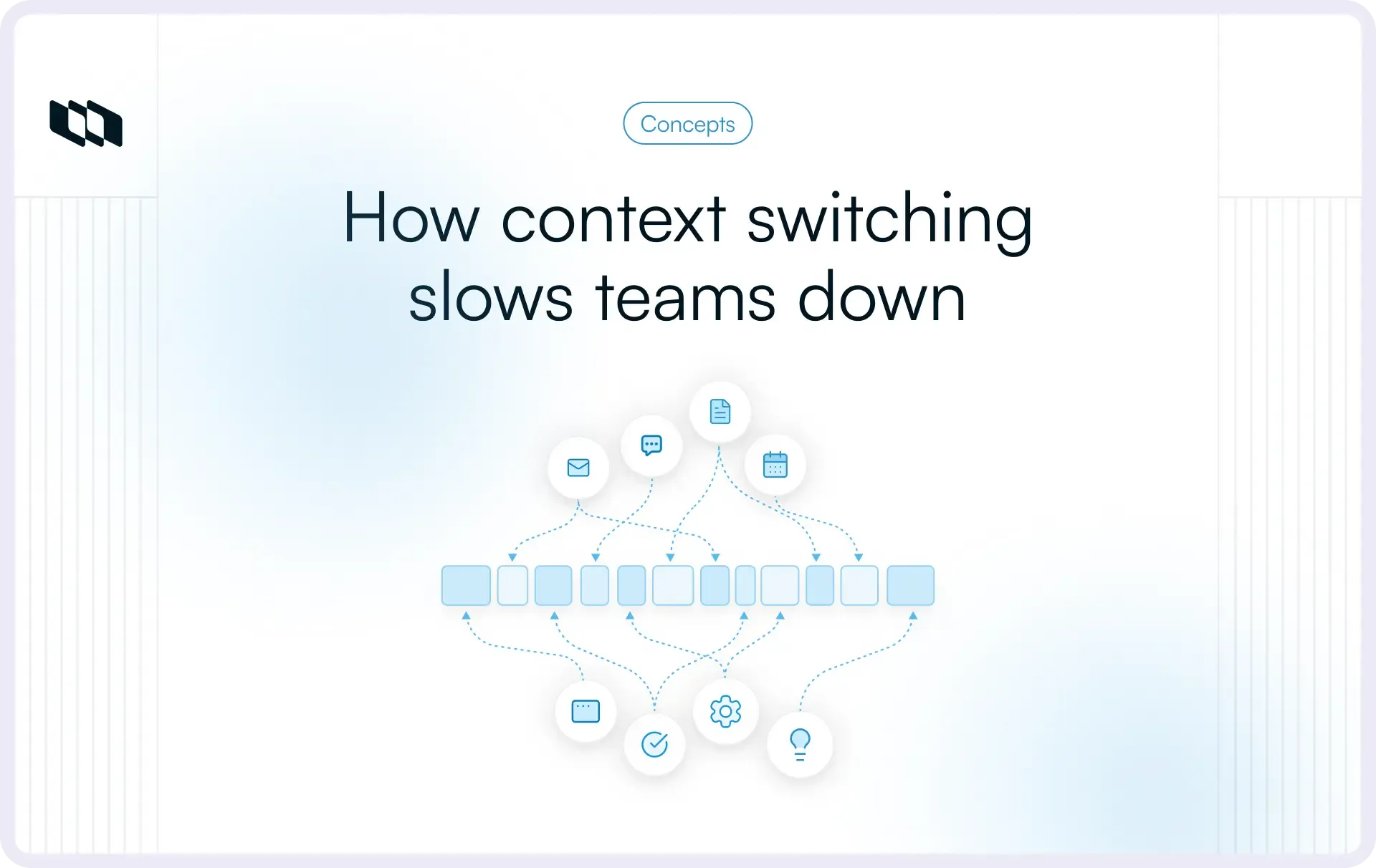 An illustration showing how context switching slows teams down by fragmenting work across multiple tools, messages, and tasks, causing frequent attention shifts and reduced progress.