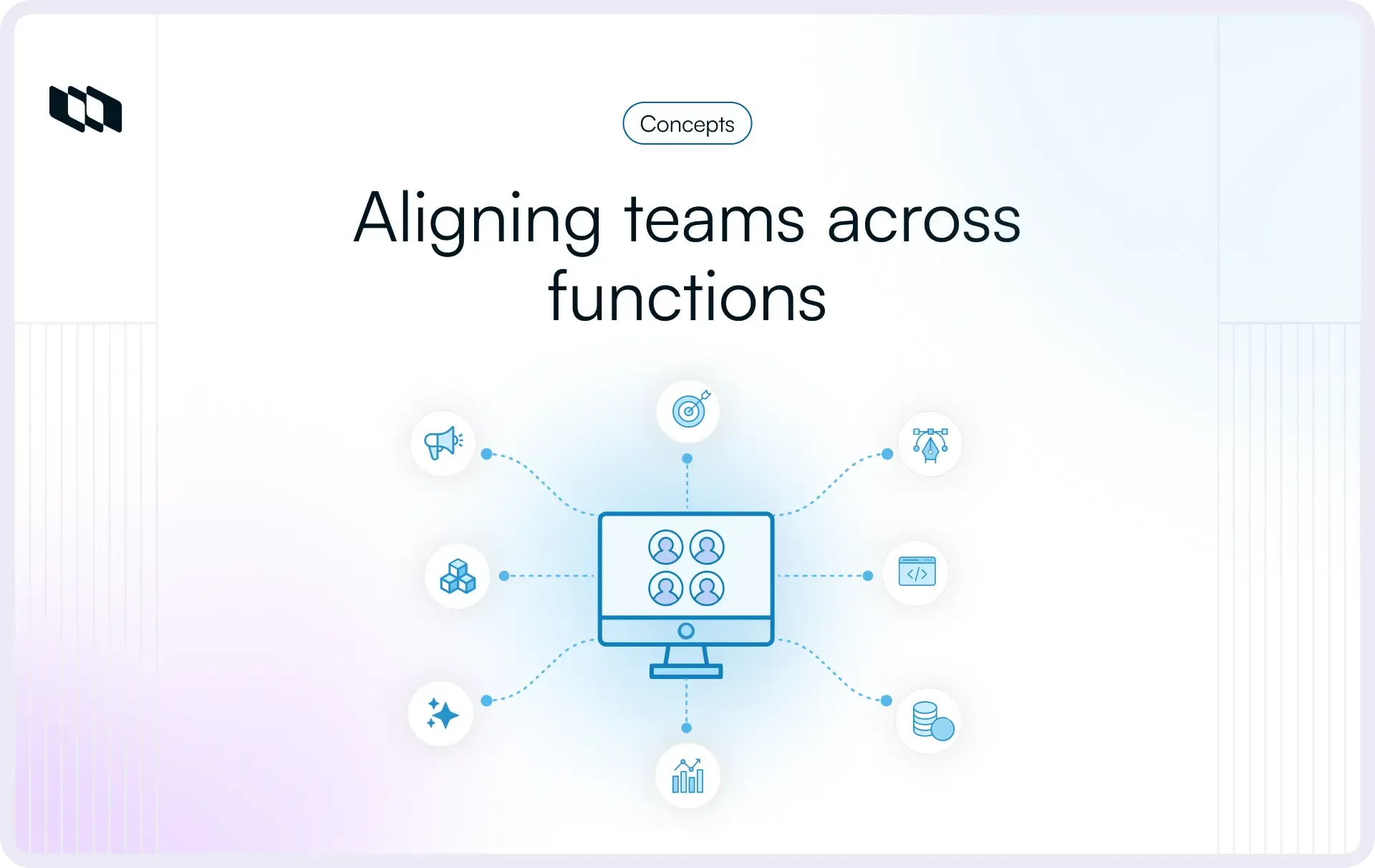 Illustration showing teams from different functions connected through a central workspace, representing alignment and collaboration across departments to achieve shared goals.