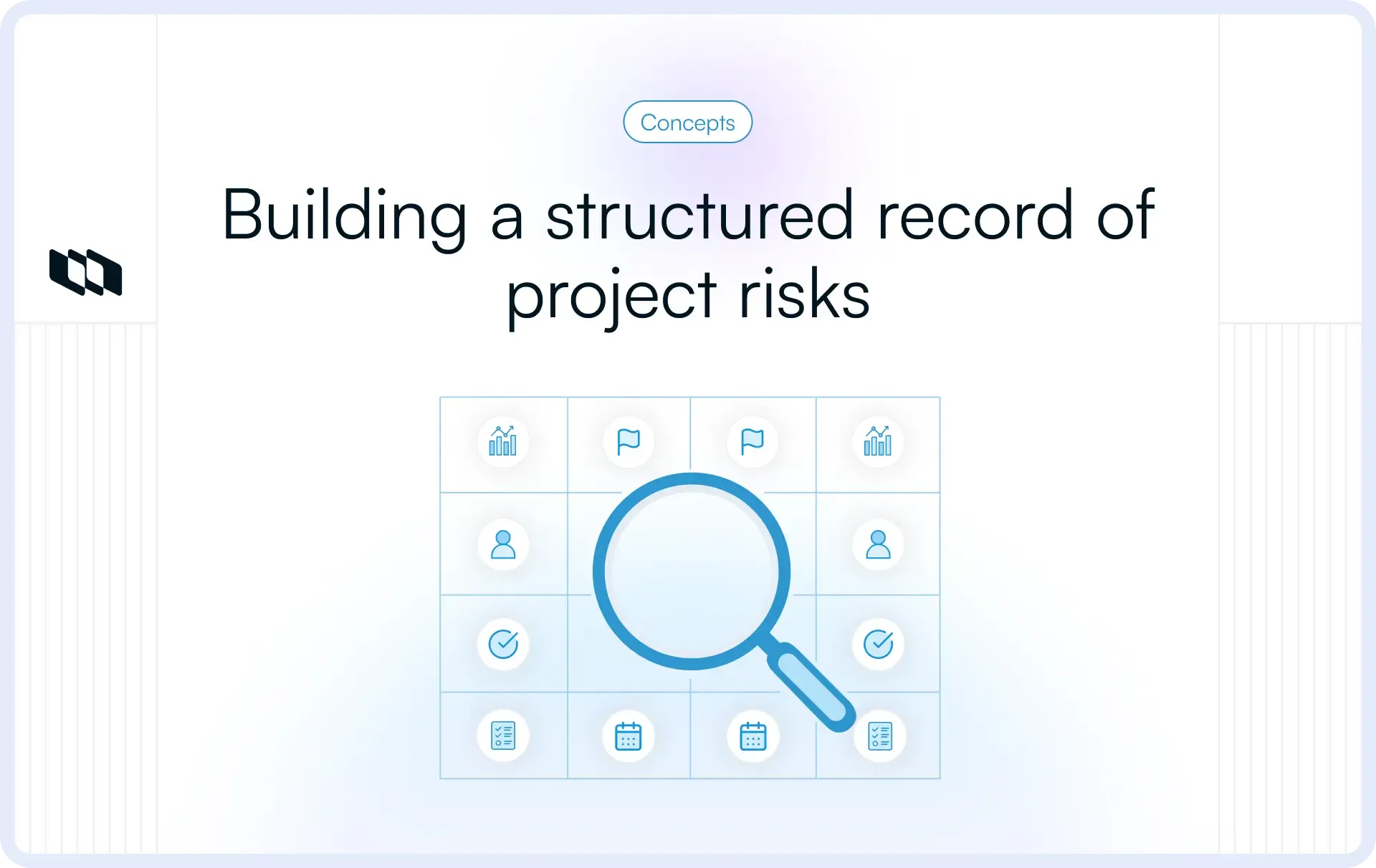 Illustration showing a structured record of project risks with a grid of risk elements such as metrics, ownership, milestones, and tasks, highlighted by a magnifying glass representing risk identification in project management.