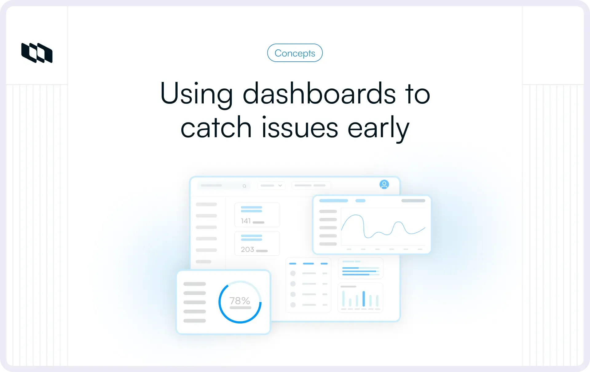 Illustration of multiple dashboard widgets with charts and metrics under the title “using dashboards to catch issues early”