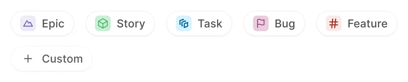 Available work item types including Epic, Story, Task, Bug, Feature, and custom types.