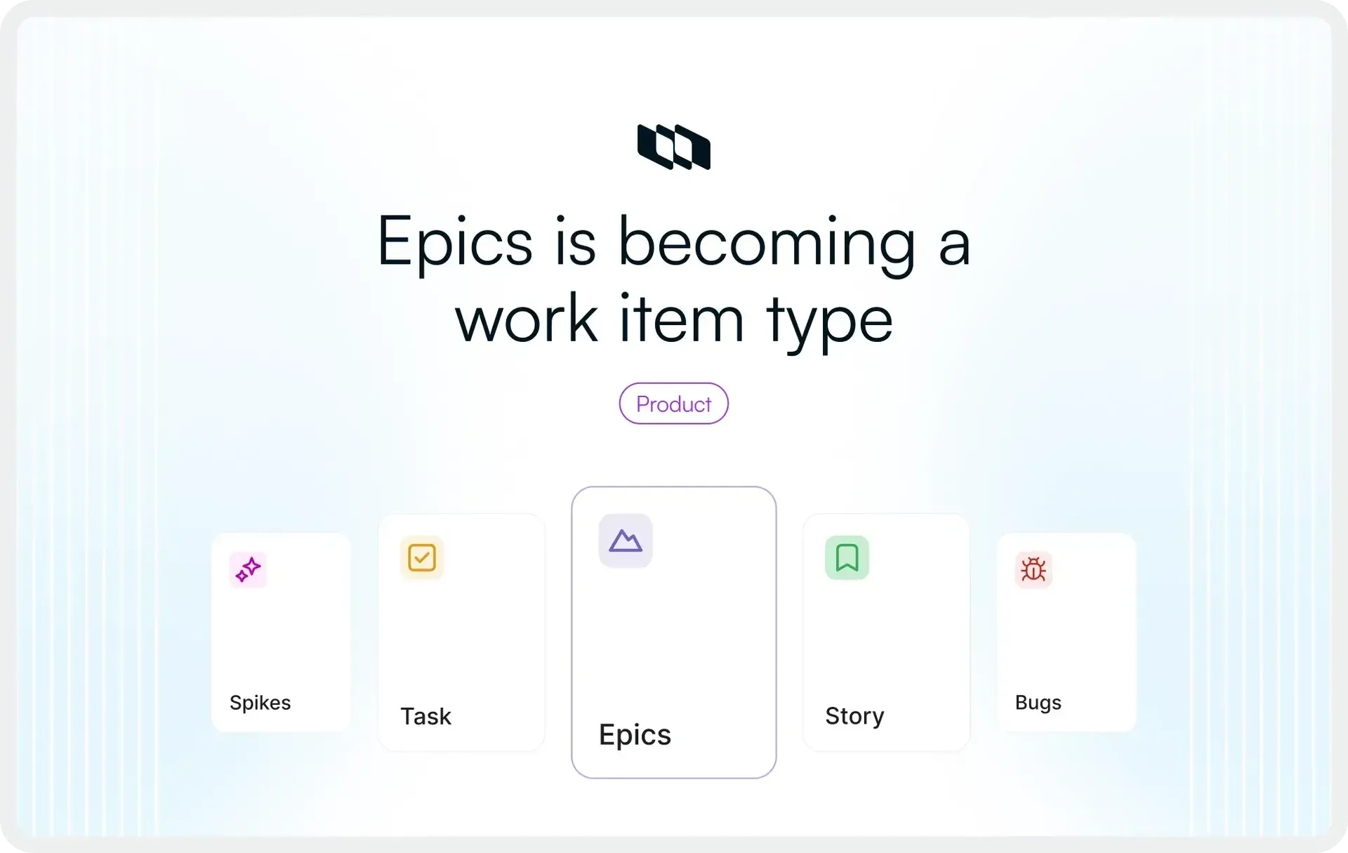 Hero banner announcing “Epics is becoming a work item type” in Plane, alongside configurable work item types like Spikes, Tasks, Stories, and Bugs.