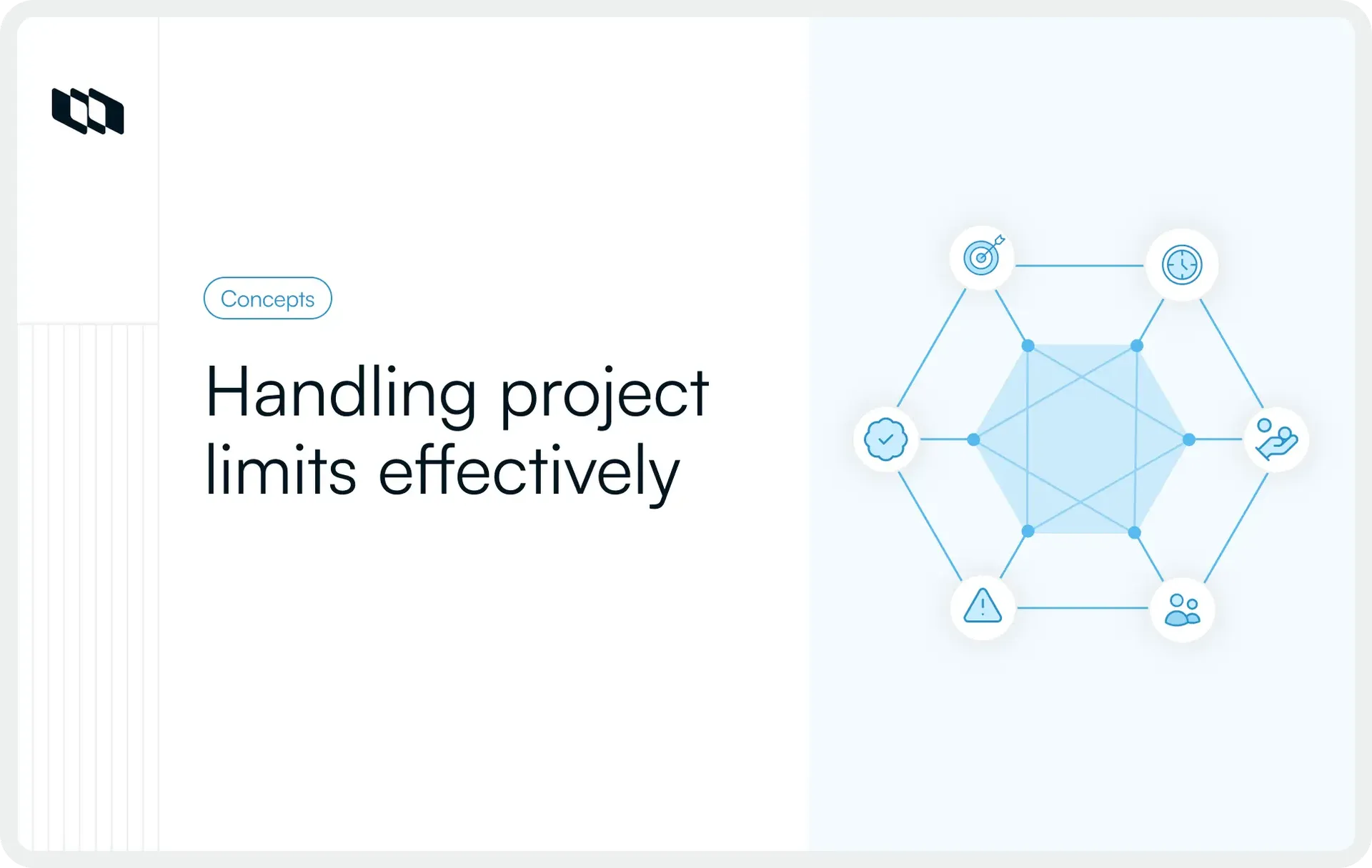 Illustration titled “Handling project limits effectively” showing connected icons for scope, time, cost, quality, risk, and team to represent project constraints.