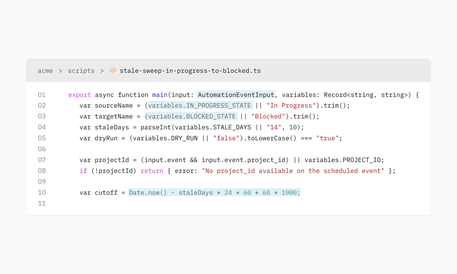 Plane Runner script editor showing a TypeScript automation script that sweeps stale in-progress work items to blocked