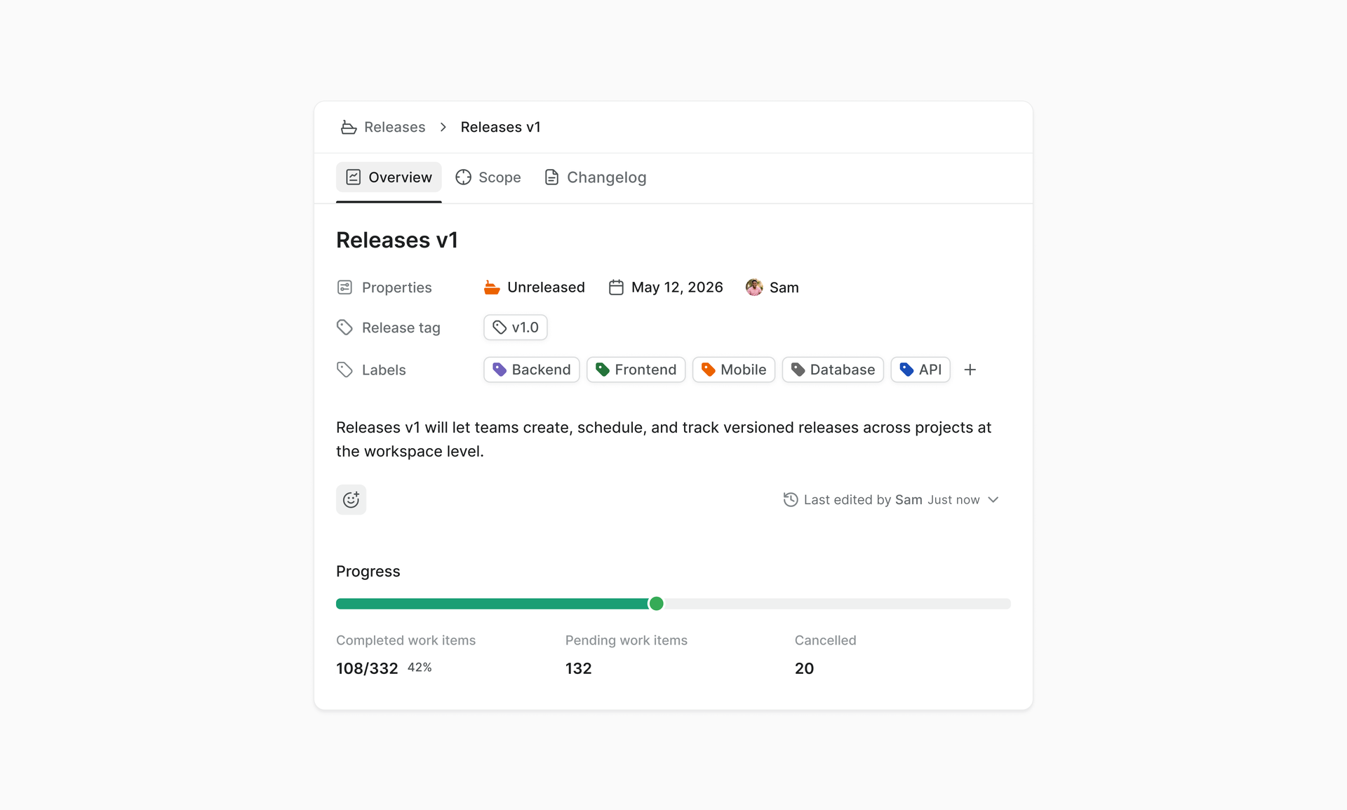Release overview page in Plane showing scope, labels, changelog, and delivery progress tracking.