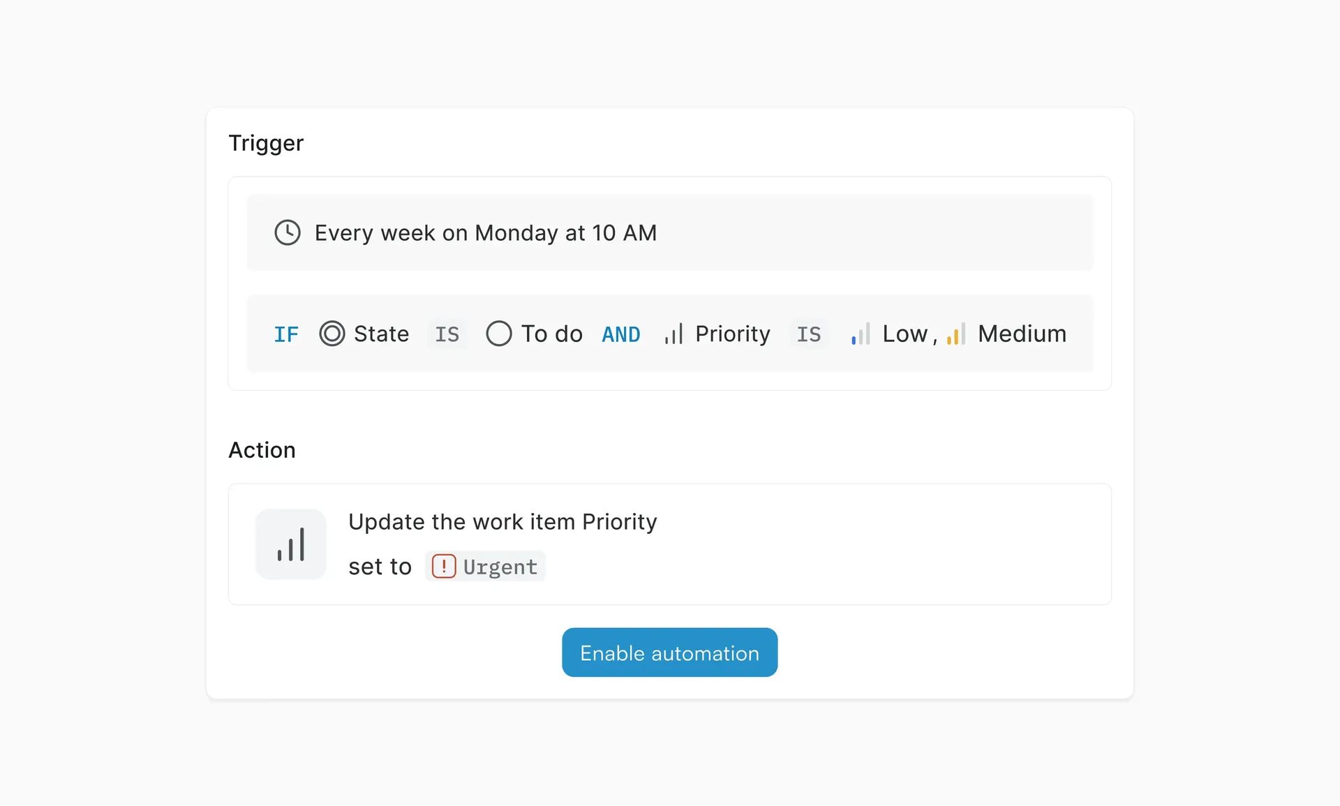 Scheduled automation builder in Plane showing a weekly Monday trigger with a condition on state and priority, and an action to set priority to Urgent
