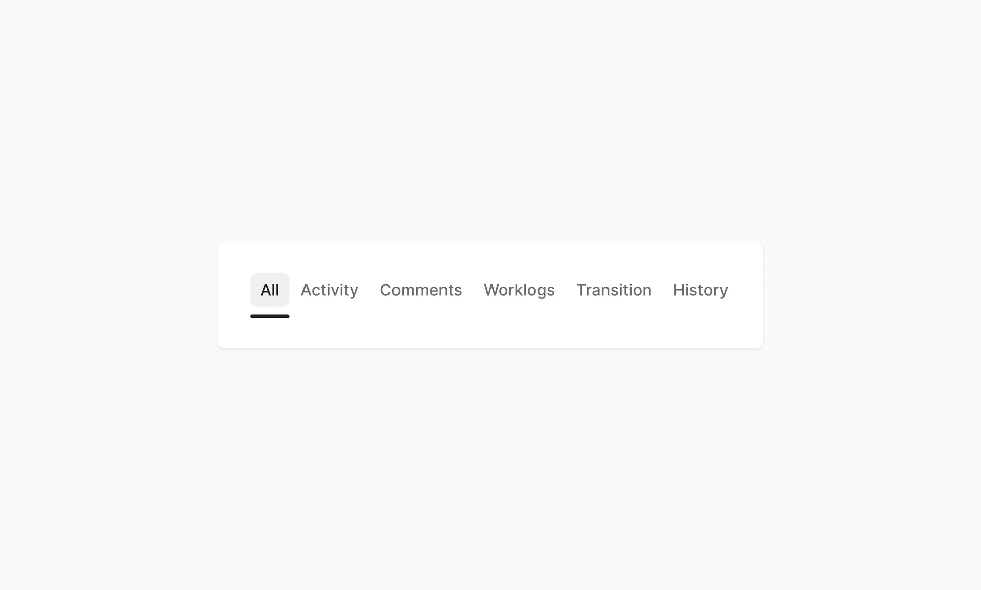 interface showing tabbed activity section in Plane work item detail page with filters for all comments worklogs transitions and history views