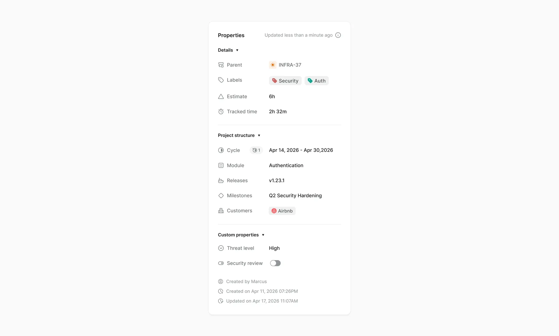 Interface showing grouped properties panel in Plane work item detail page with collapsible sections for details project structure and custom properties