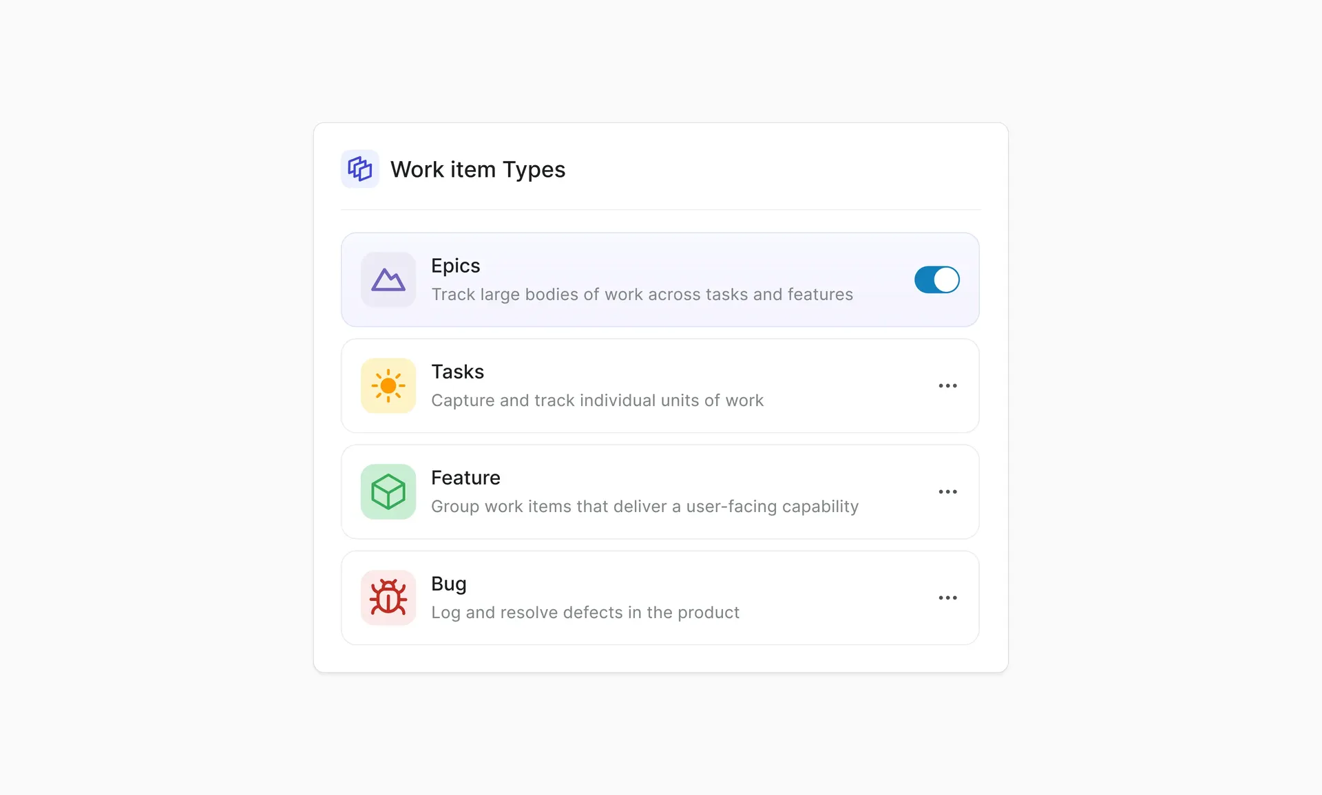 Project-level Work Item Types settings in Plane showing Epics enabled as a configurable work item type alongside Tasks, Features, and Bugs.