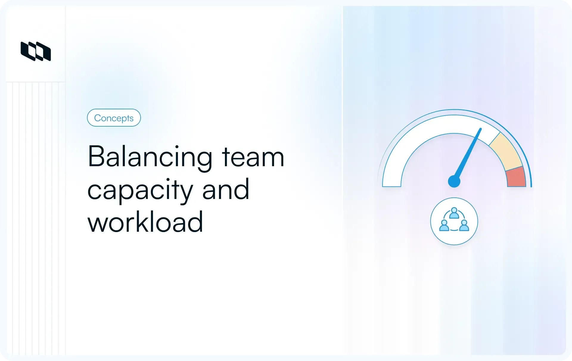 Illustration showing a gauge representing team capacity and workload balance, with a team icon beneath the meter indicating shared workload distribution