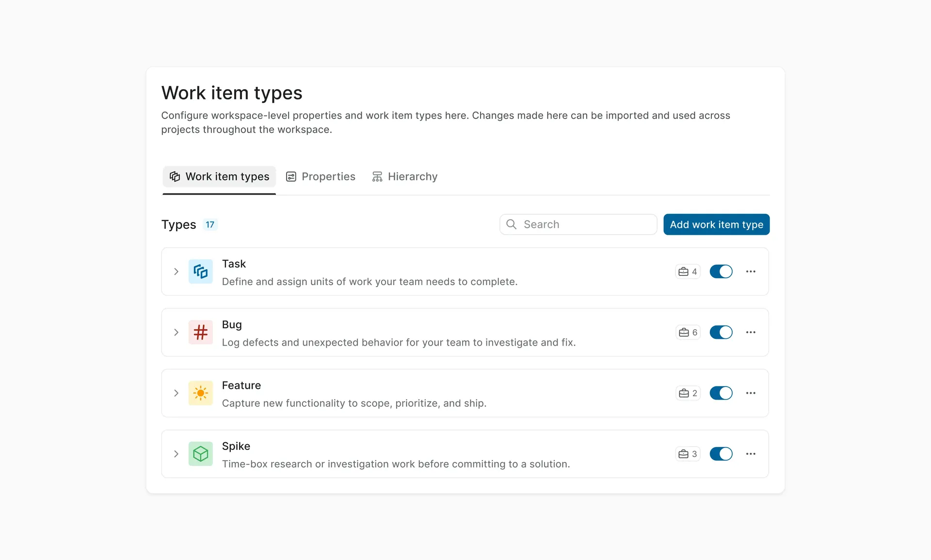 Workspace settings showing work item types