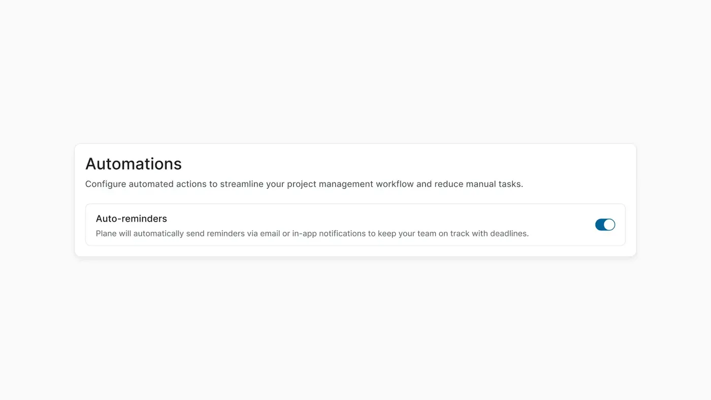 Automations settings showing auto-reminders enabled for deadline notifications via email and in-app alerts.