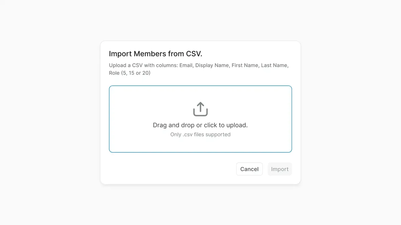 CSV import dialog for bulk member onboarding with drag-and-drop file upload support.