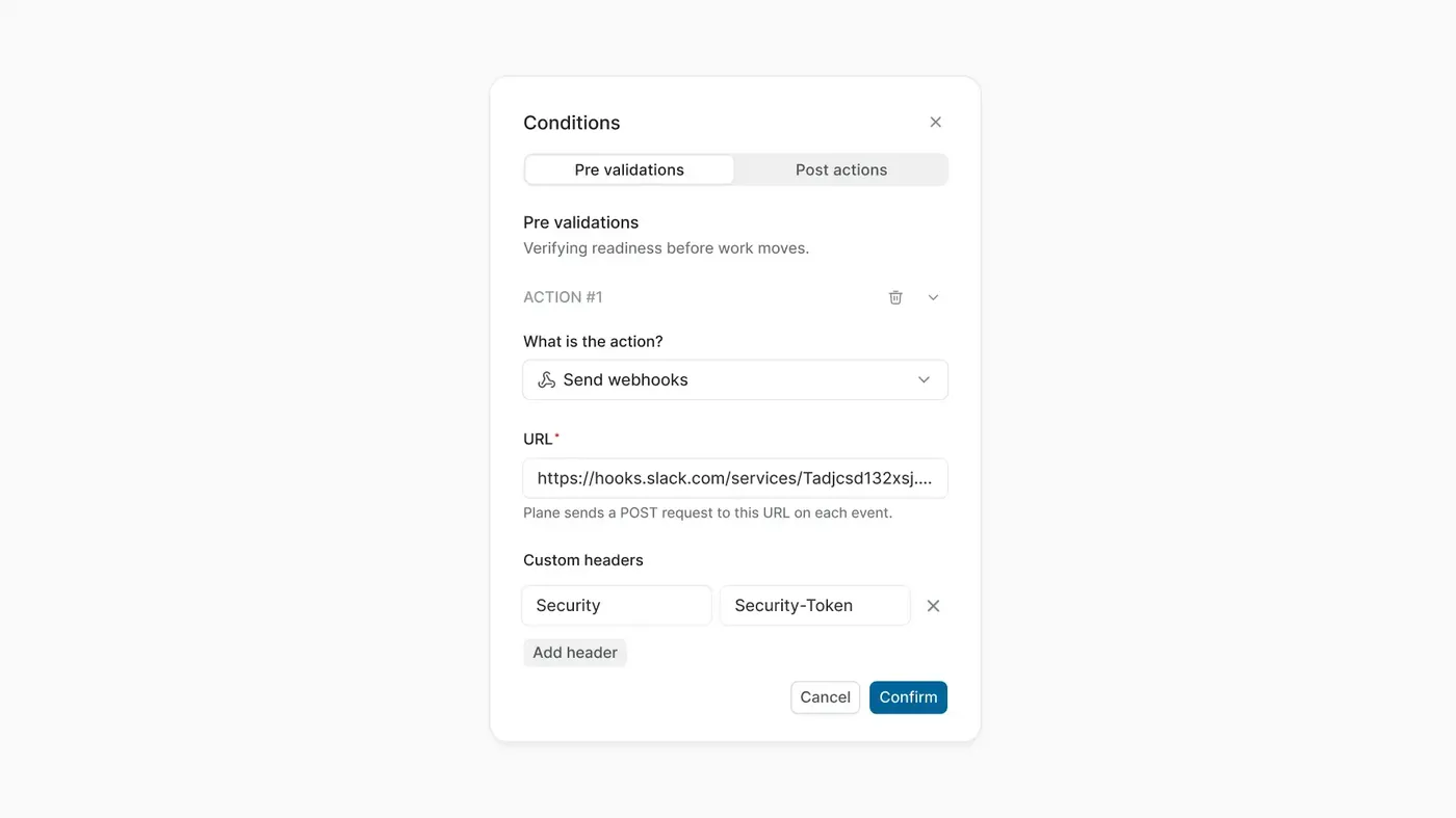 Custom automation setup with webhook URL, security headers, and pre-validation action configuration.