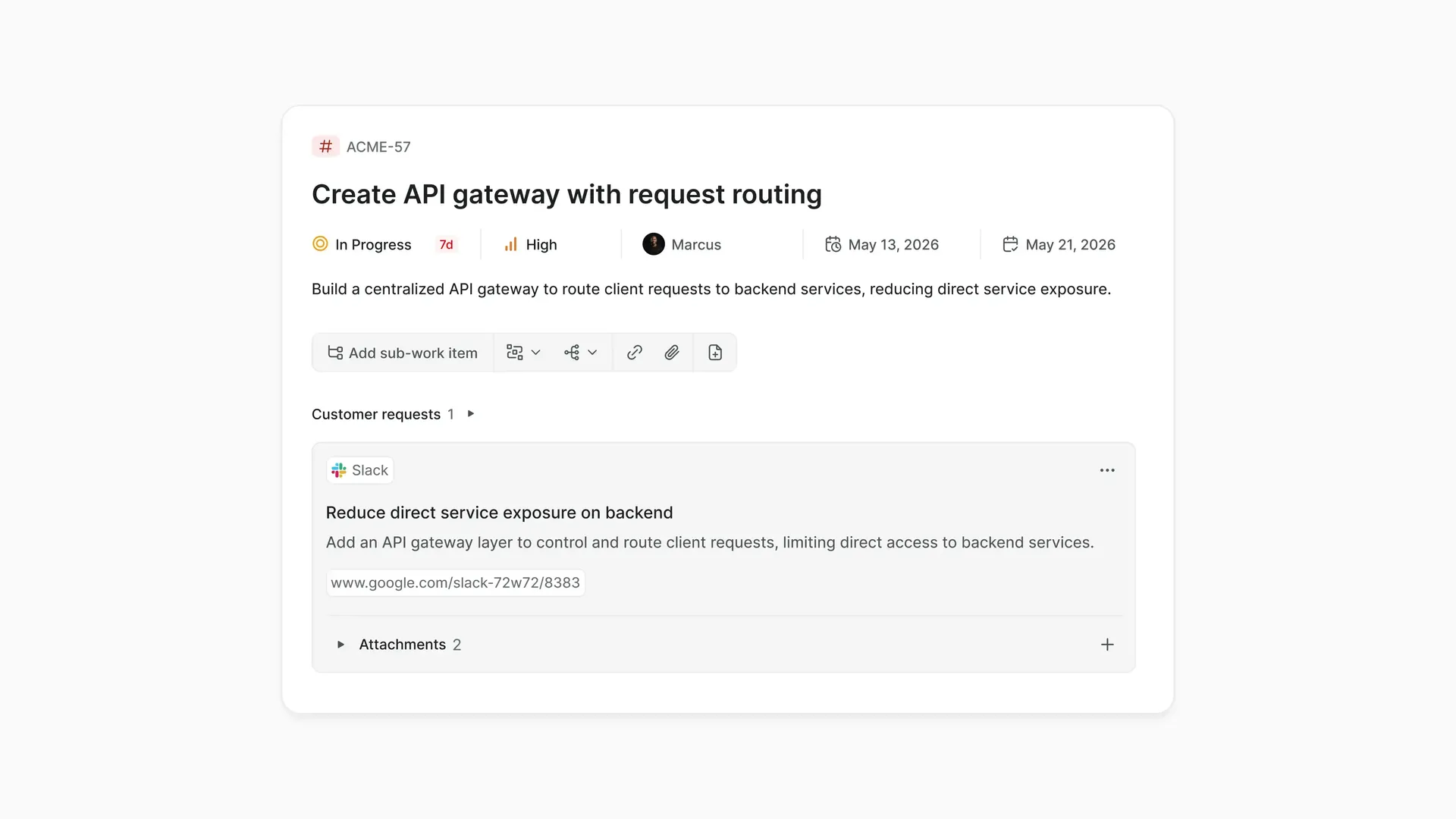 Work item view displaying linked customer request details and attachments