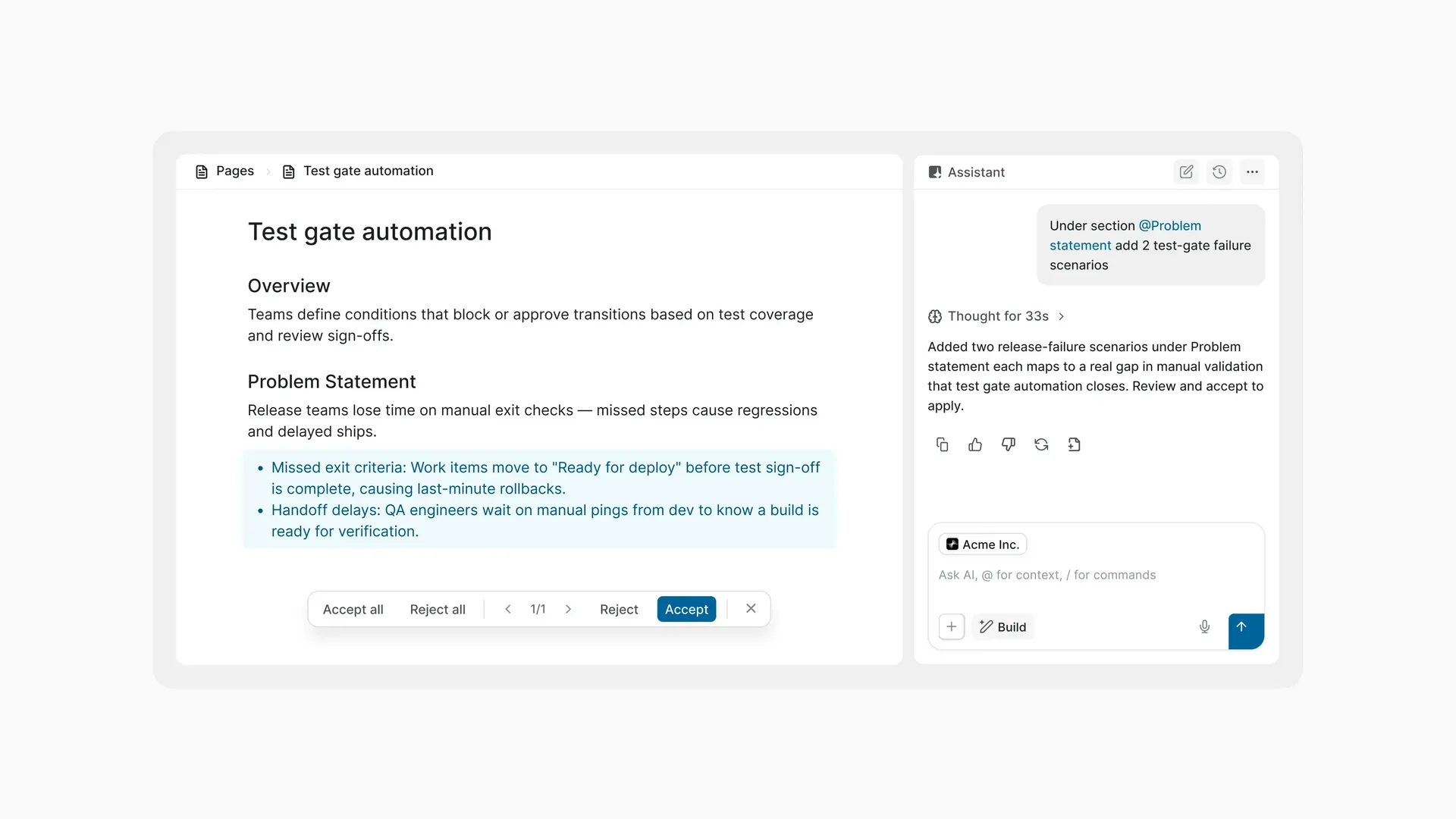 Plane AI suggesting edits to a documentation page with review and accept controls