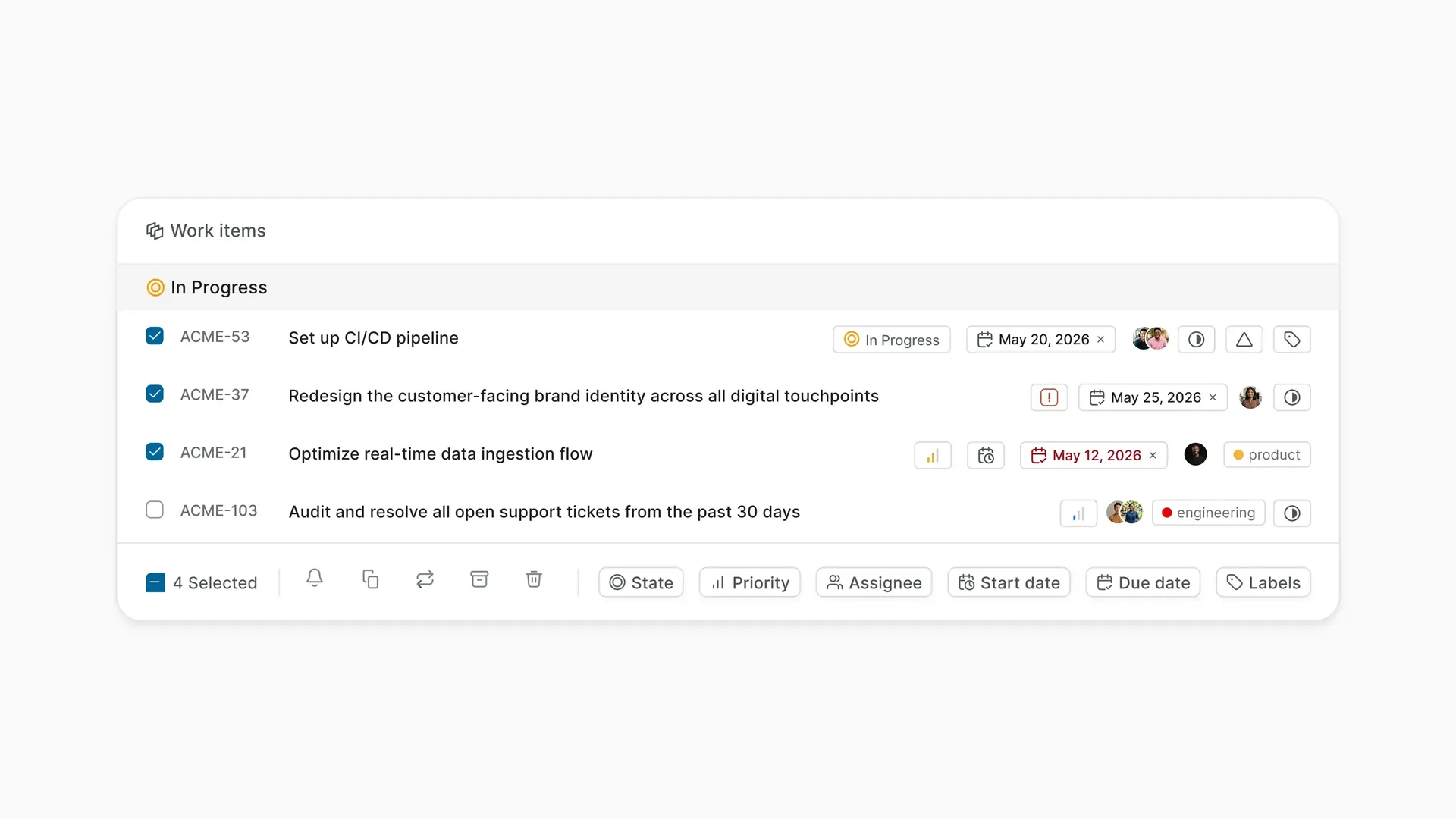 Bulk-selected work items with actions for copying and managing items across projects