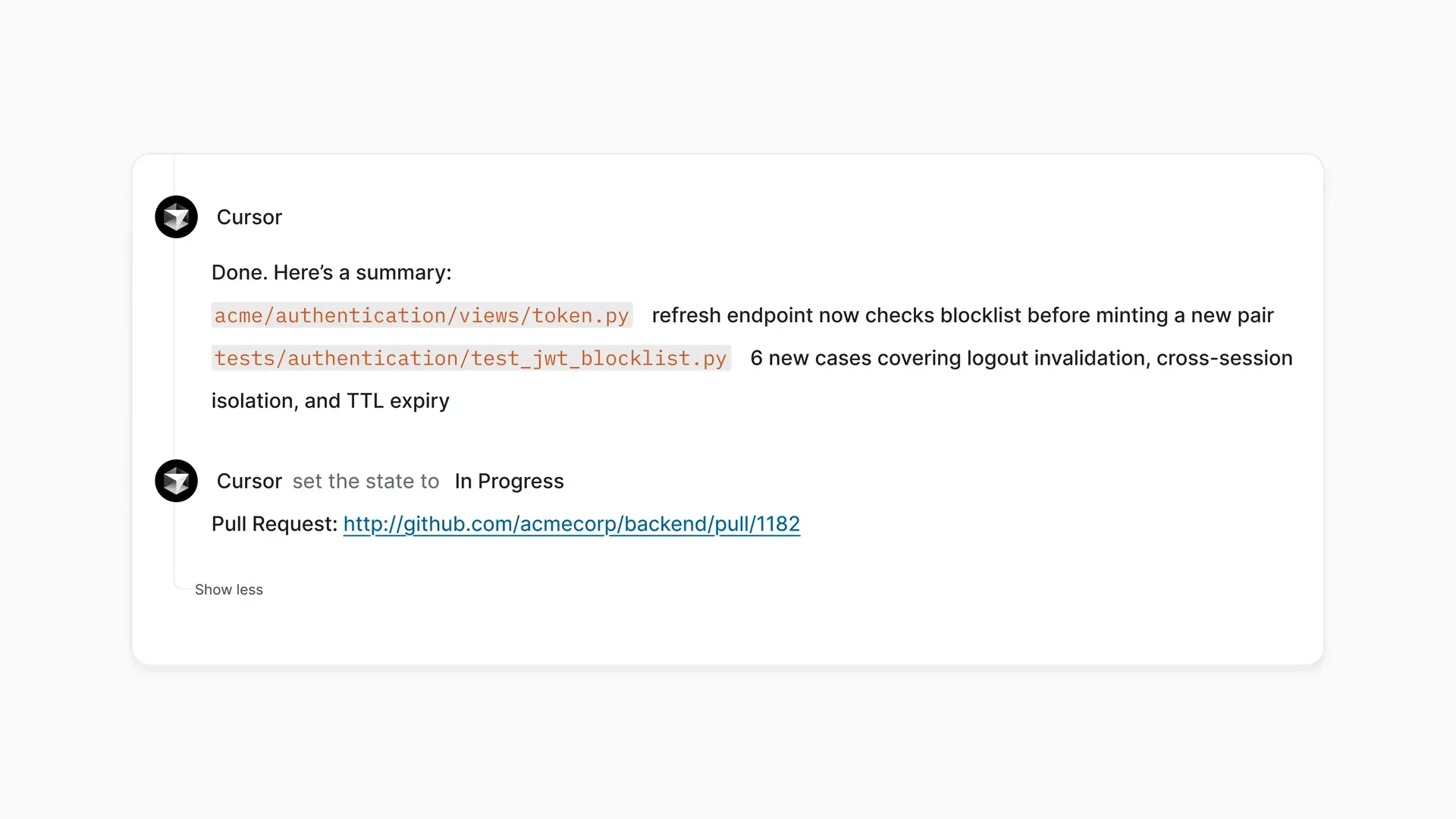 Cursor agent activity update showing code changes, test coverage details, and linked pull request information.