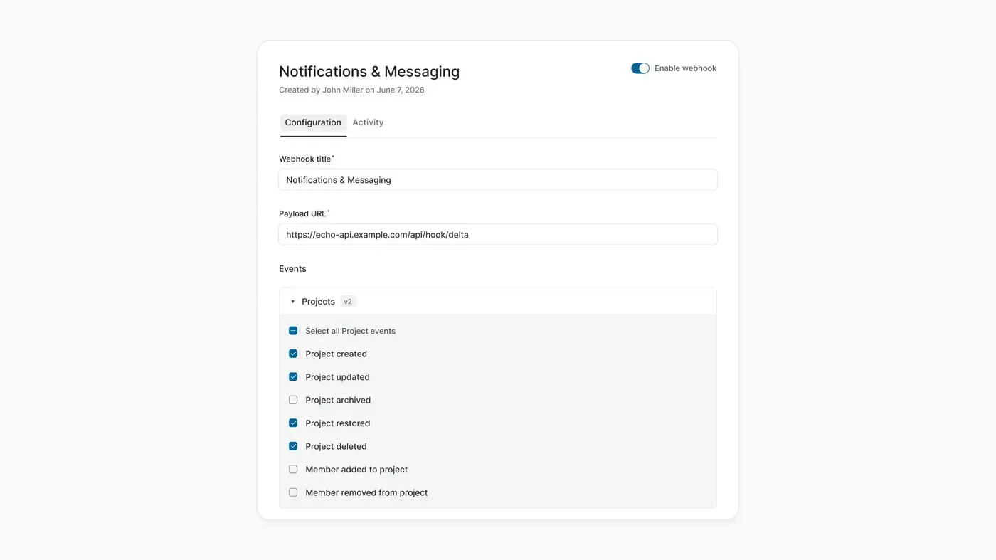 Interface showing upgraded webhooks