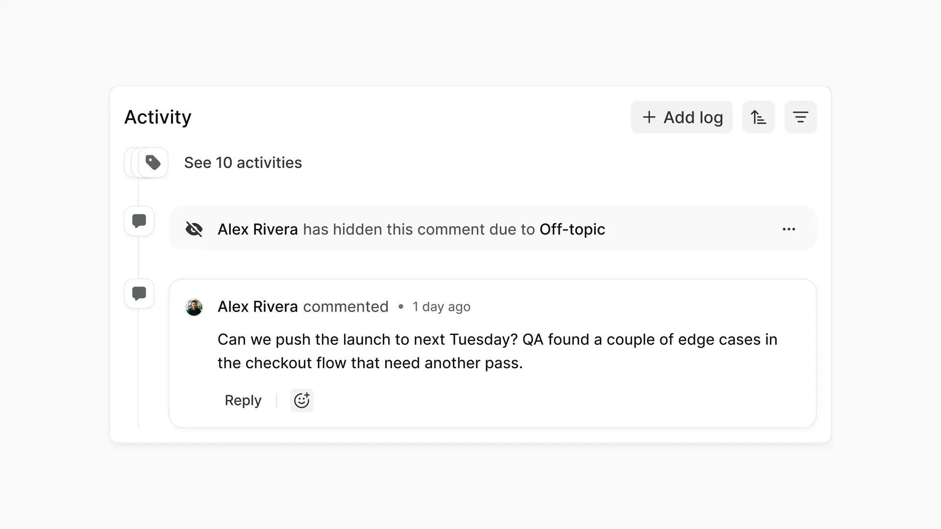 Activity section shown comments in a Plane work-item