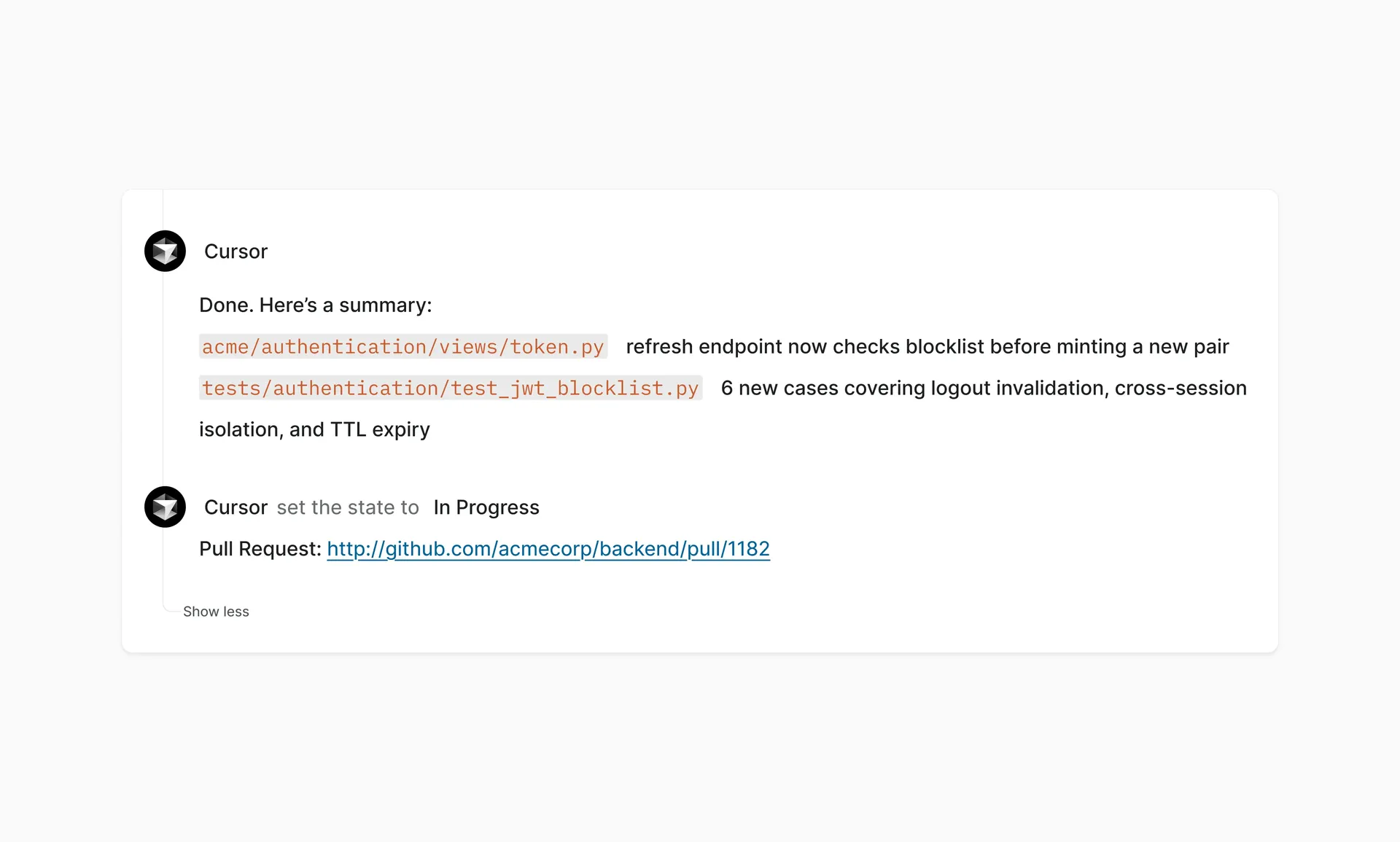 Cursor agent activity update showing code changes, test coverage details, and linked pull request information.