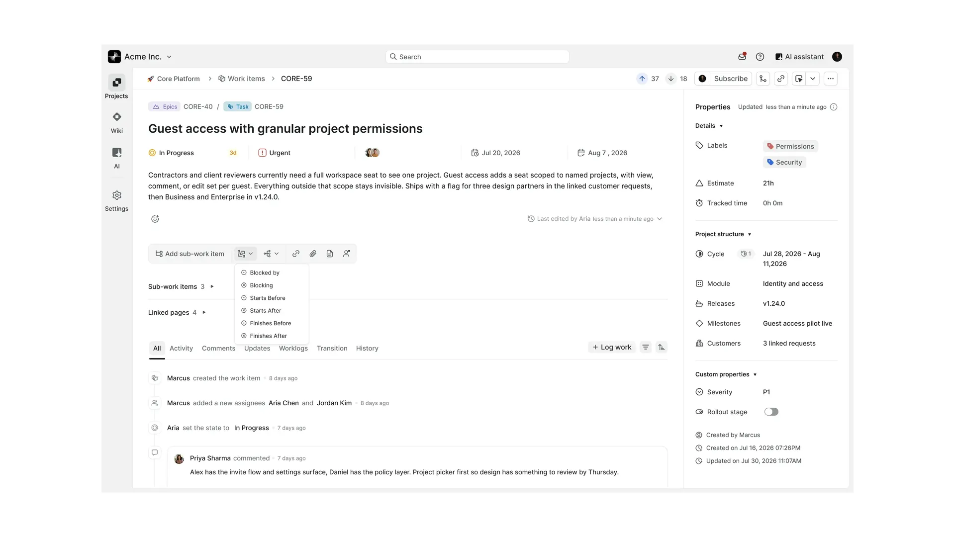 Dependencies in a work item in Plane