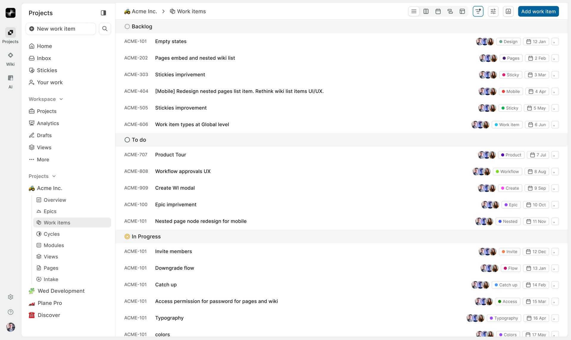Work items screen in Plane with sections for backlog, to-do, and ongoing tasks