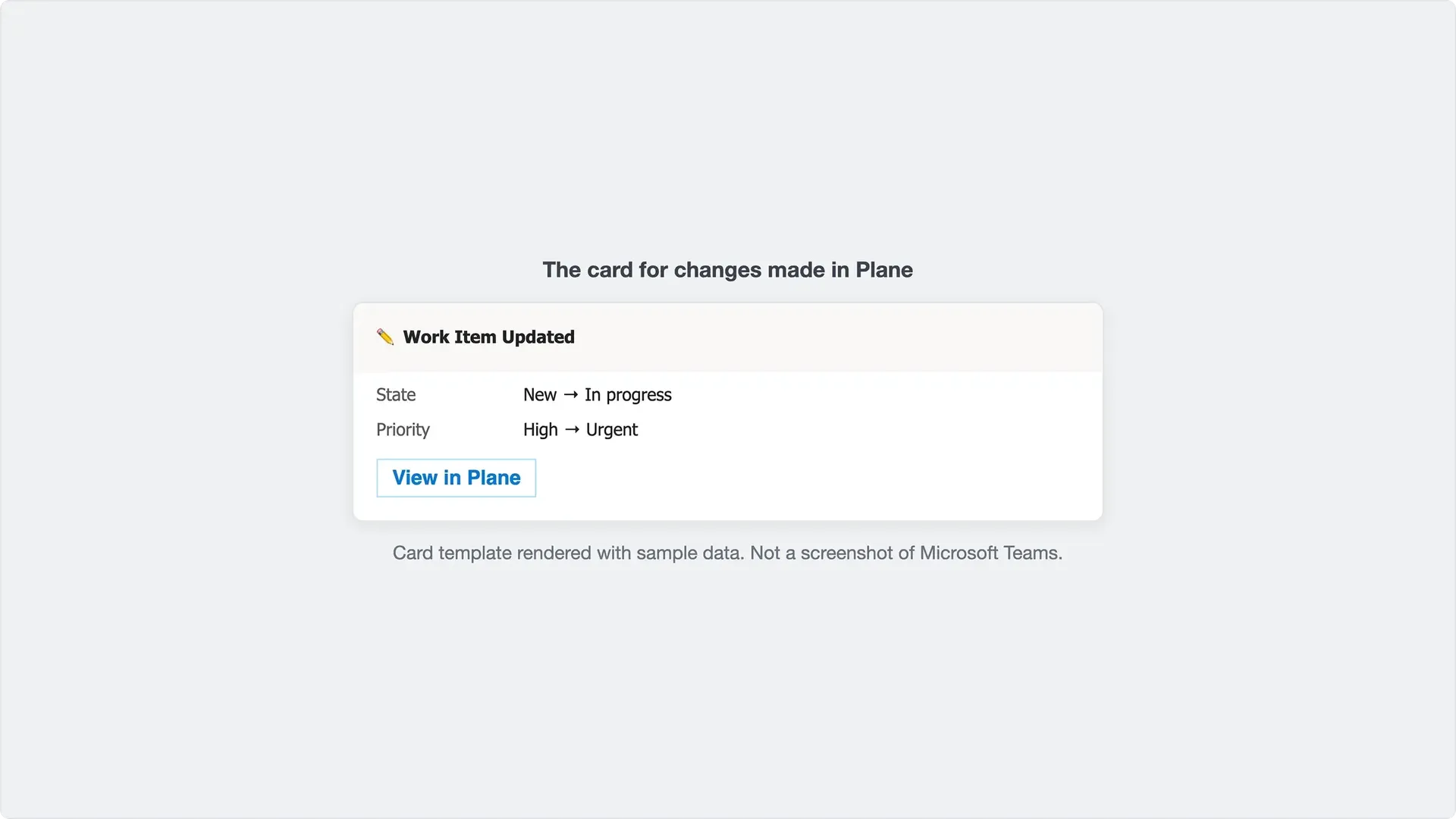Work item update card showing state and priority changes synced from Plane to Microsoft Teams.