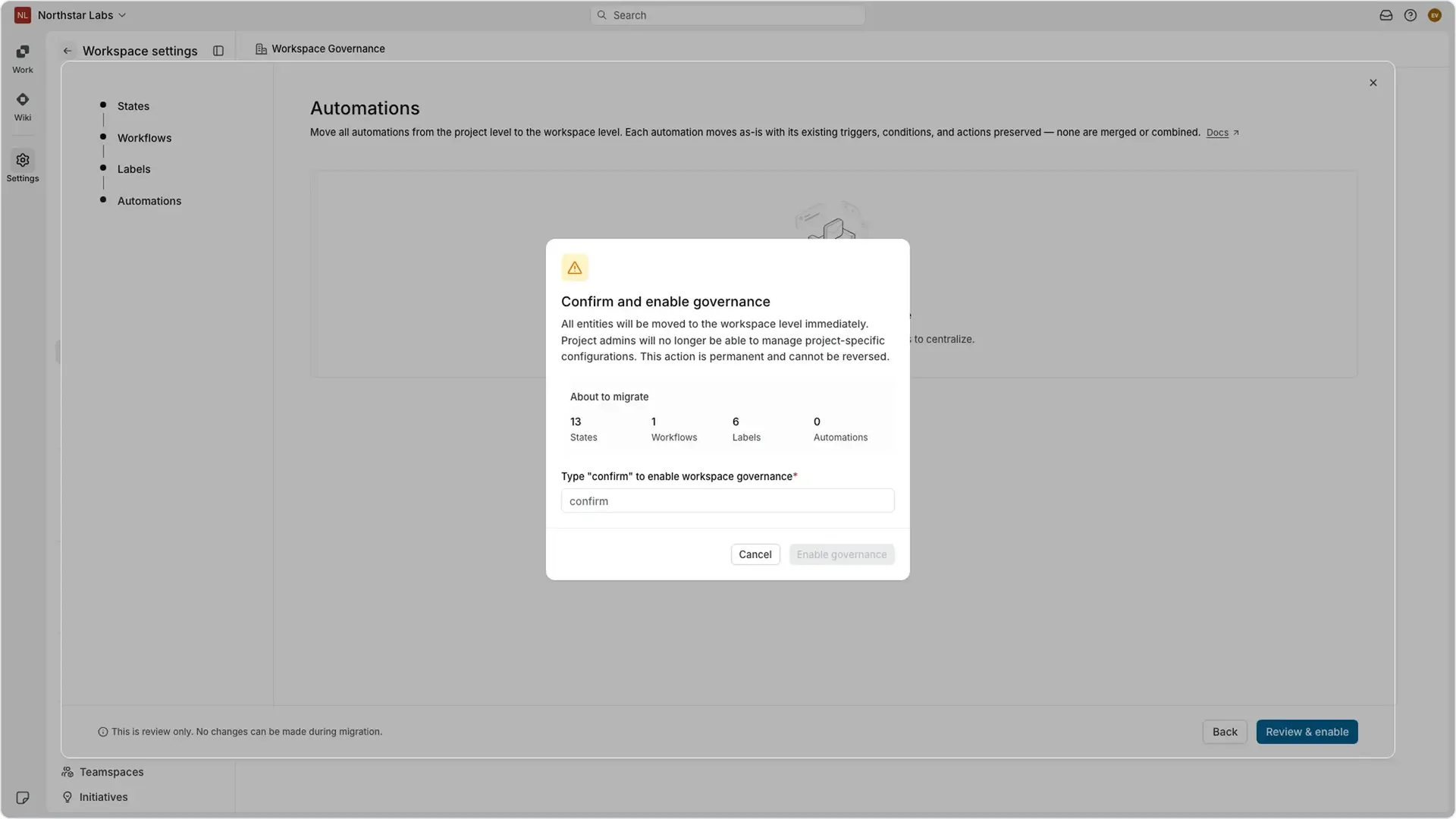 Workspace Governance confirmation dialog showing migration summary and the required confirmation to enable governance.