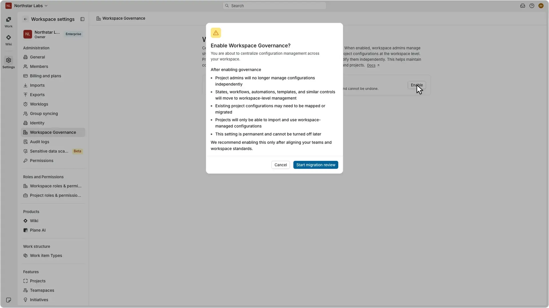 nable Workspace Governance dialog in Plane showing configuration changes, migration warnings, and the Start migration review button.