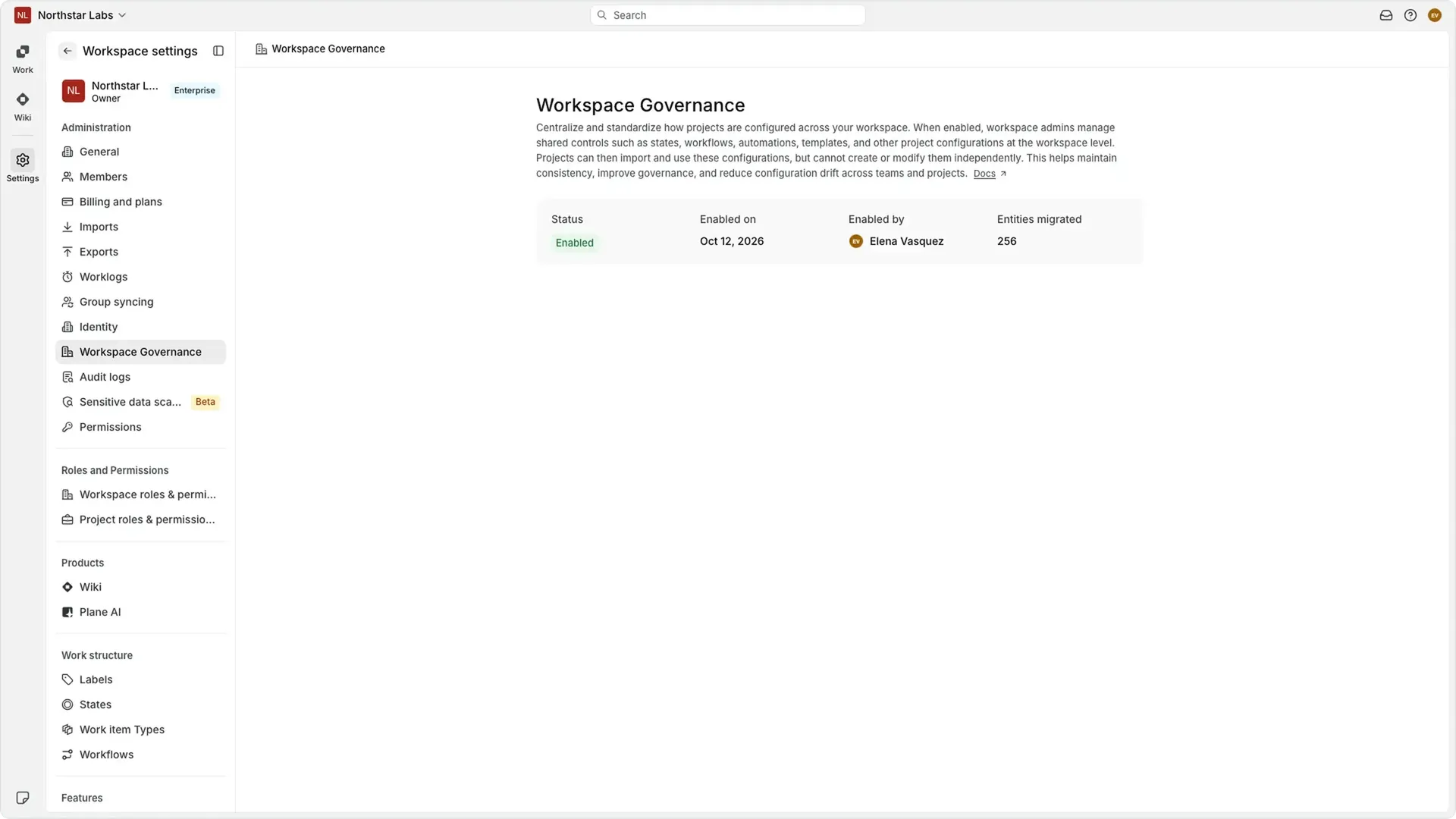Workspace Governance enabled in Plane, showing migration status and centralized States, Labels, and Workflows in workspace settings.