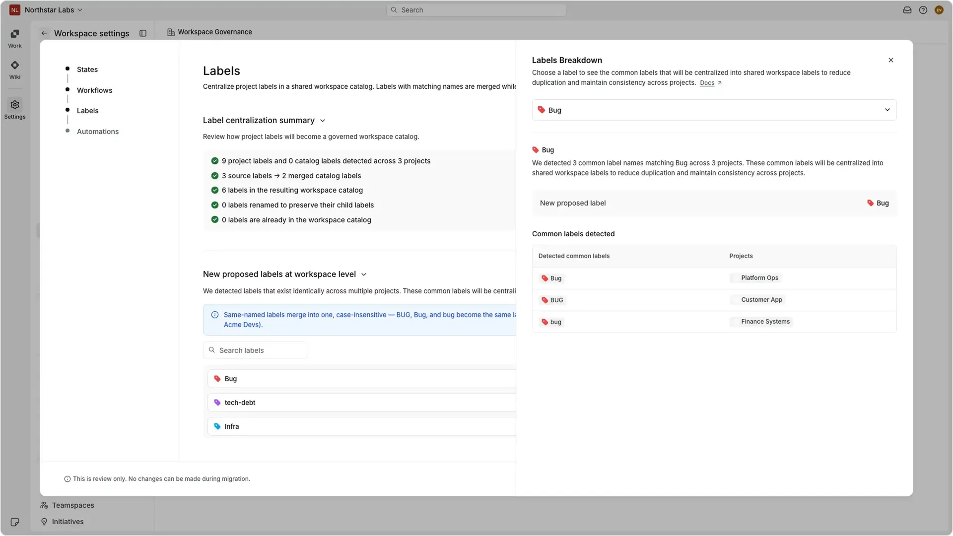 Workspace Governance labels breakdown in Plane showing Bug, BUG, and bug merging into one shared workspace label.