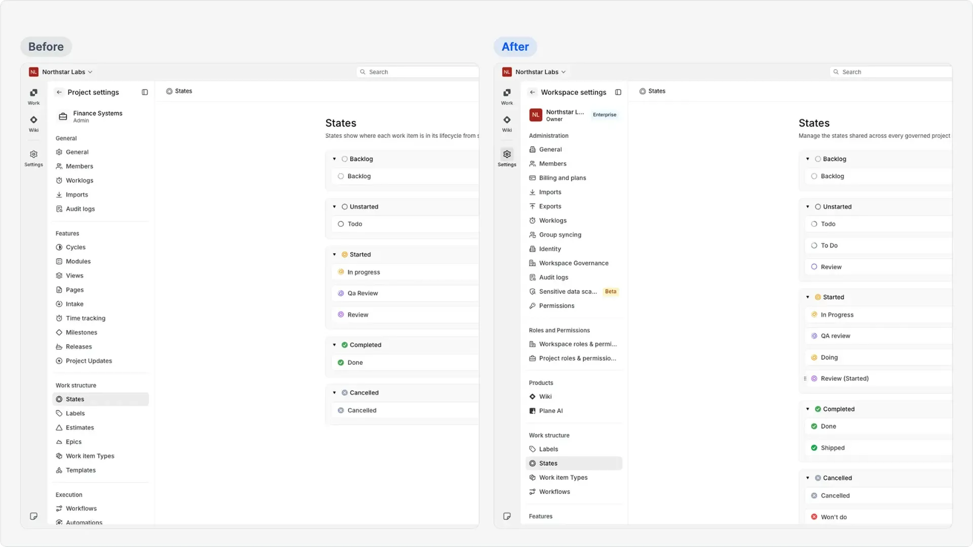 Before-and-after comparison of project states in Plane showing QA review and Review (Started) in the shared workspace catalog.