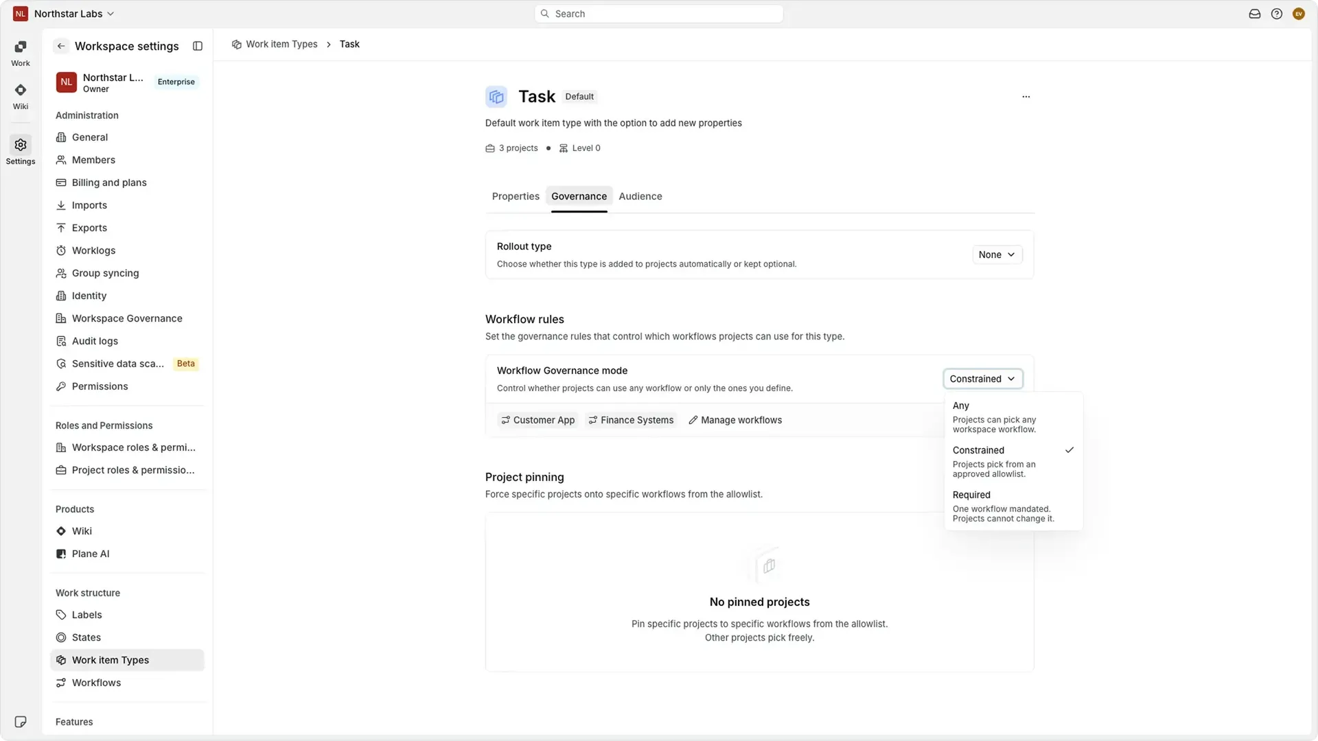 Workflow Governance settings for the Task work item type in Plane, showing Any, Constrained, and Required workflow modes.