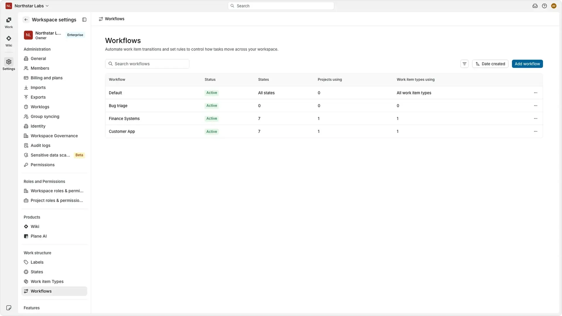 Workspace workflows catalog in Plane showing Default, Bug triage, Finance Systems, and Customer App workflows after enabling Workspace Governance.