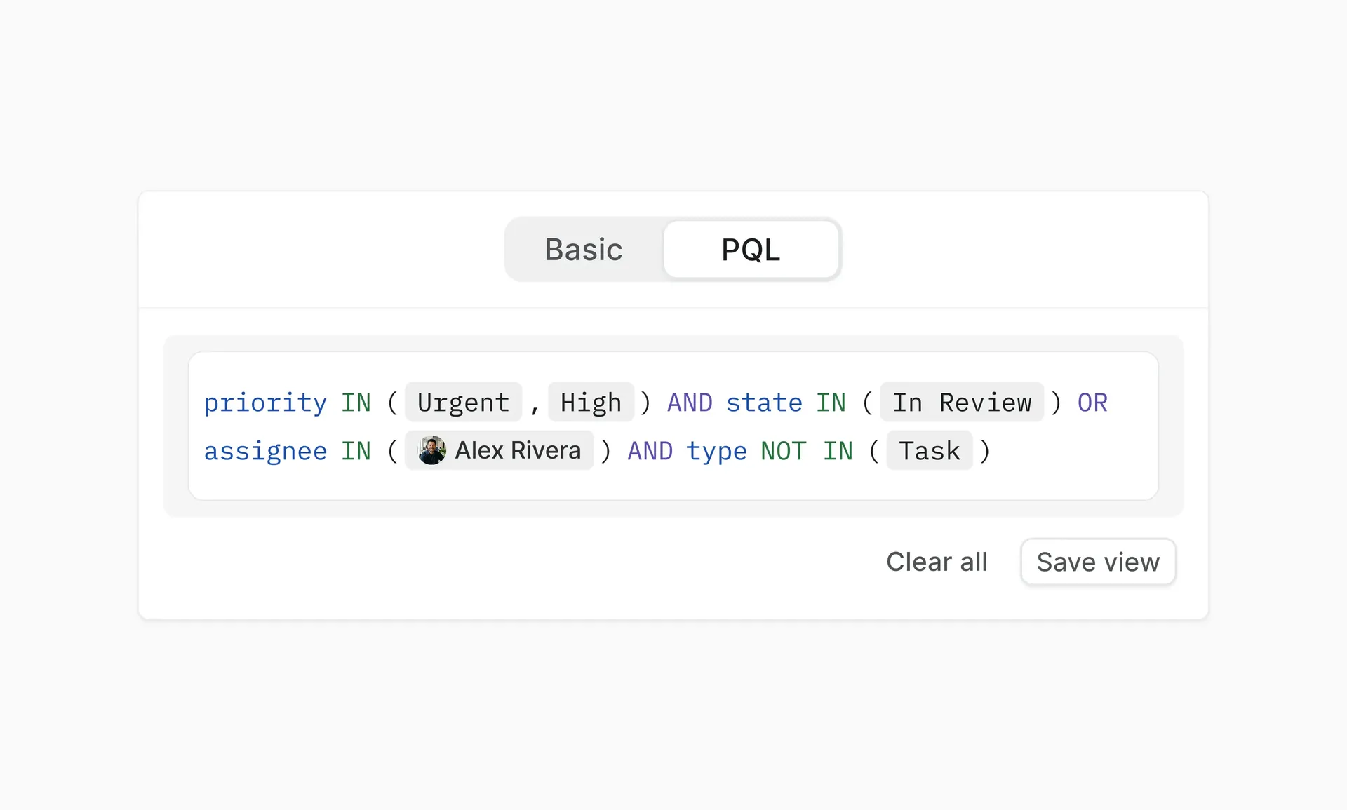 PQL editor in Plane showing advanced work item filters with query conditions for priority, state, assignee, and work item type.