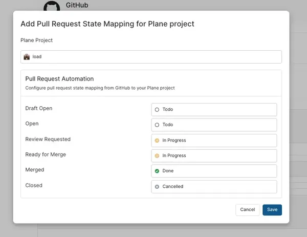 Image showing GitHub PR states mapped to Plane work-item states,
