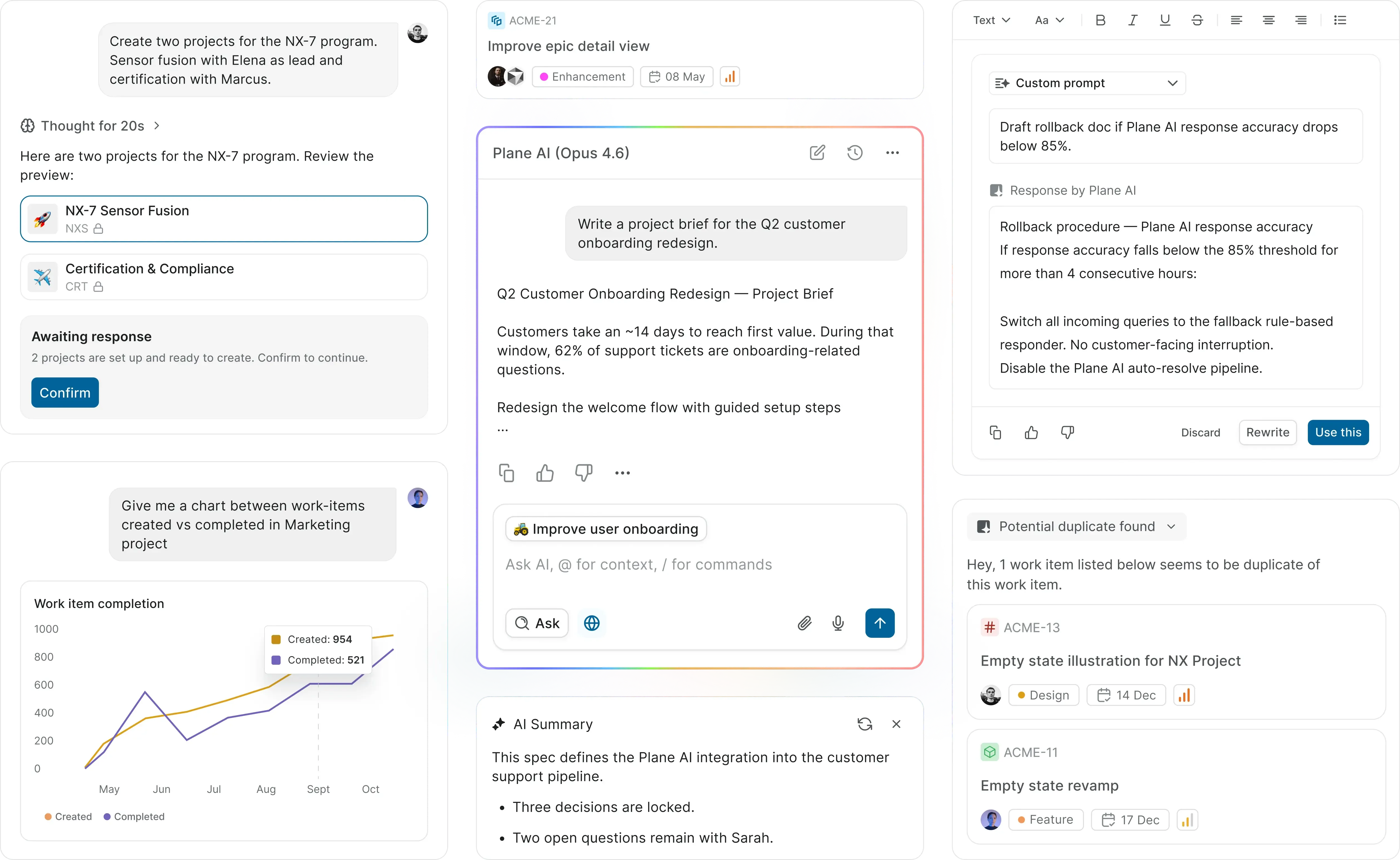Plane AI workspace interface showing project information and its integrated AI experience