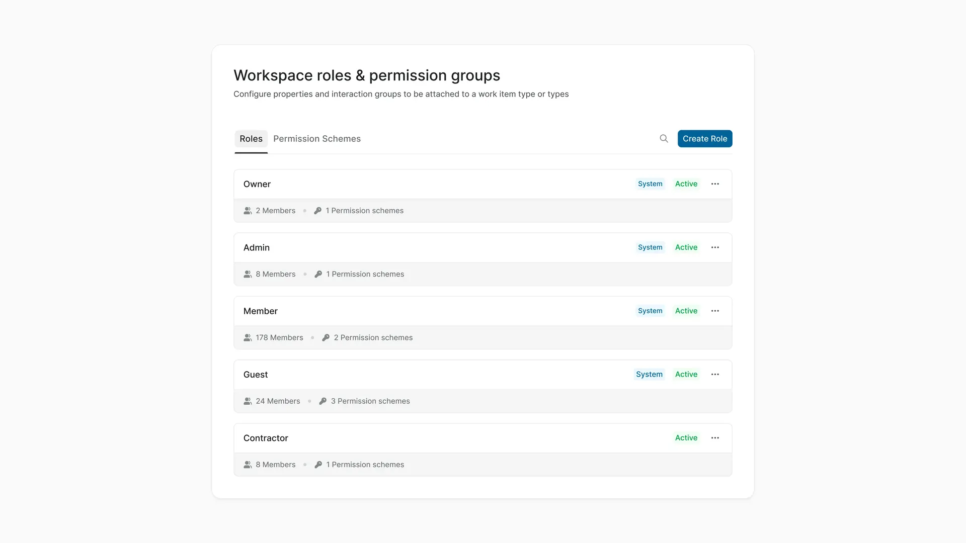 Plane workspace roles showing Owner, Admin, Member, Guest, and Contractor roles with member and permission-scheme counts.