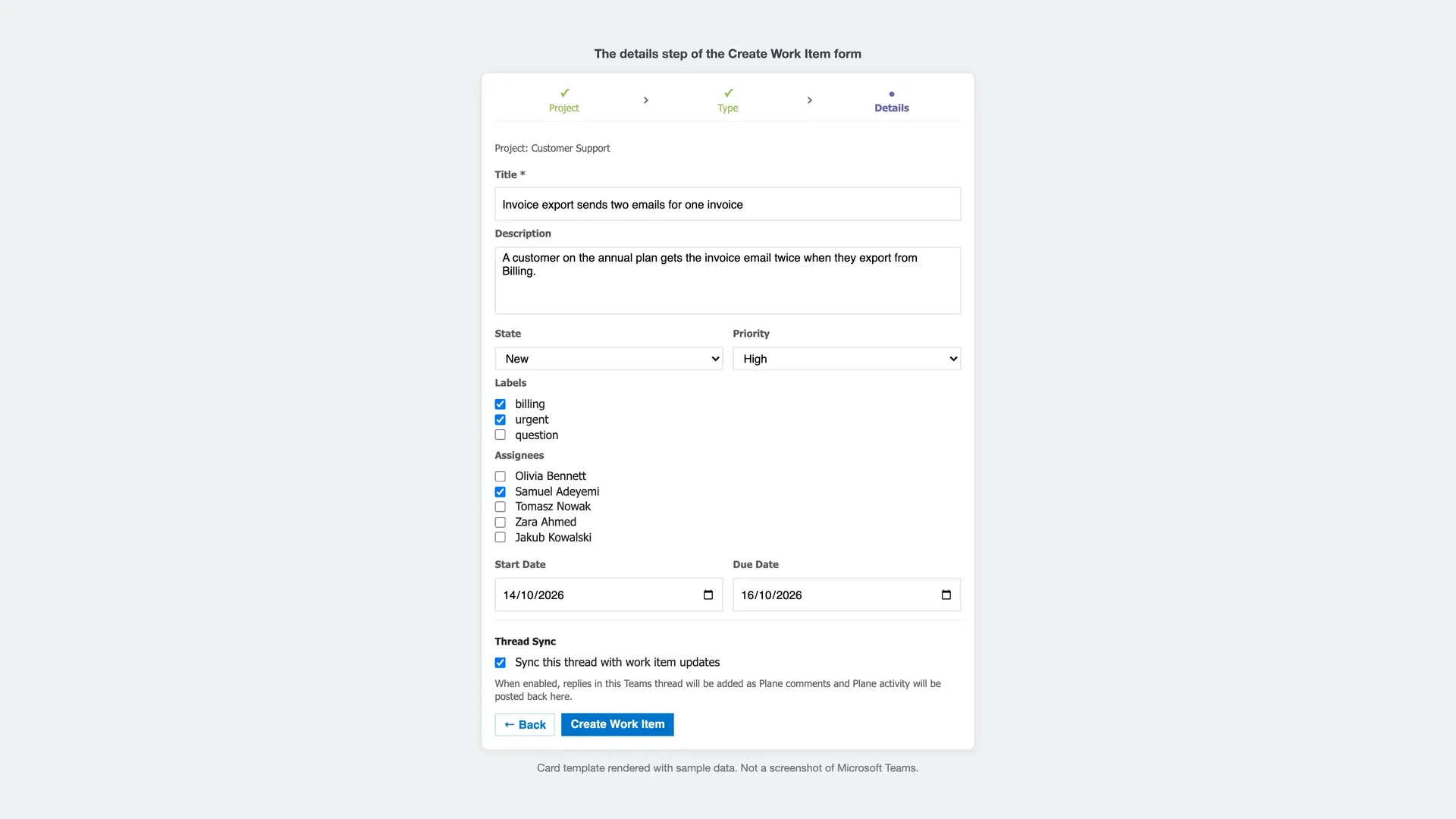 The details step of the form, with the thread sync toggle at the bottom. The title and description shown were typed as sample input. Rendered from the card template with sample data, not a screenshot of Teams.