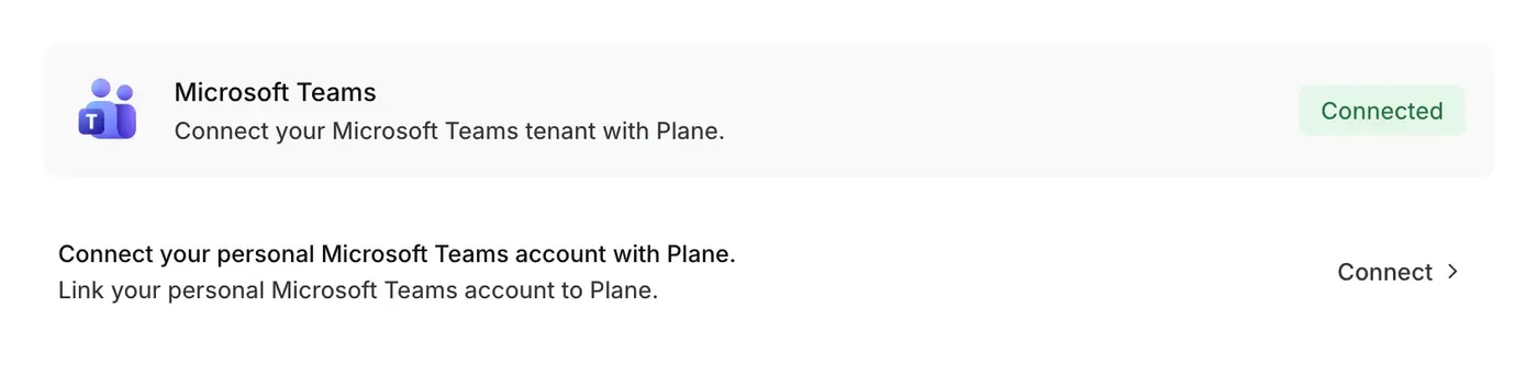 The Microsoft Teams page in workspace settings, on a test workspace. The tenant is connected and this person has not connected their own account.