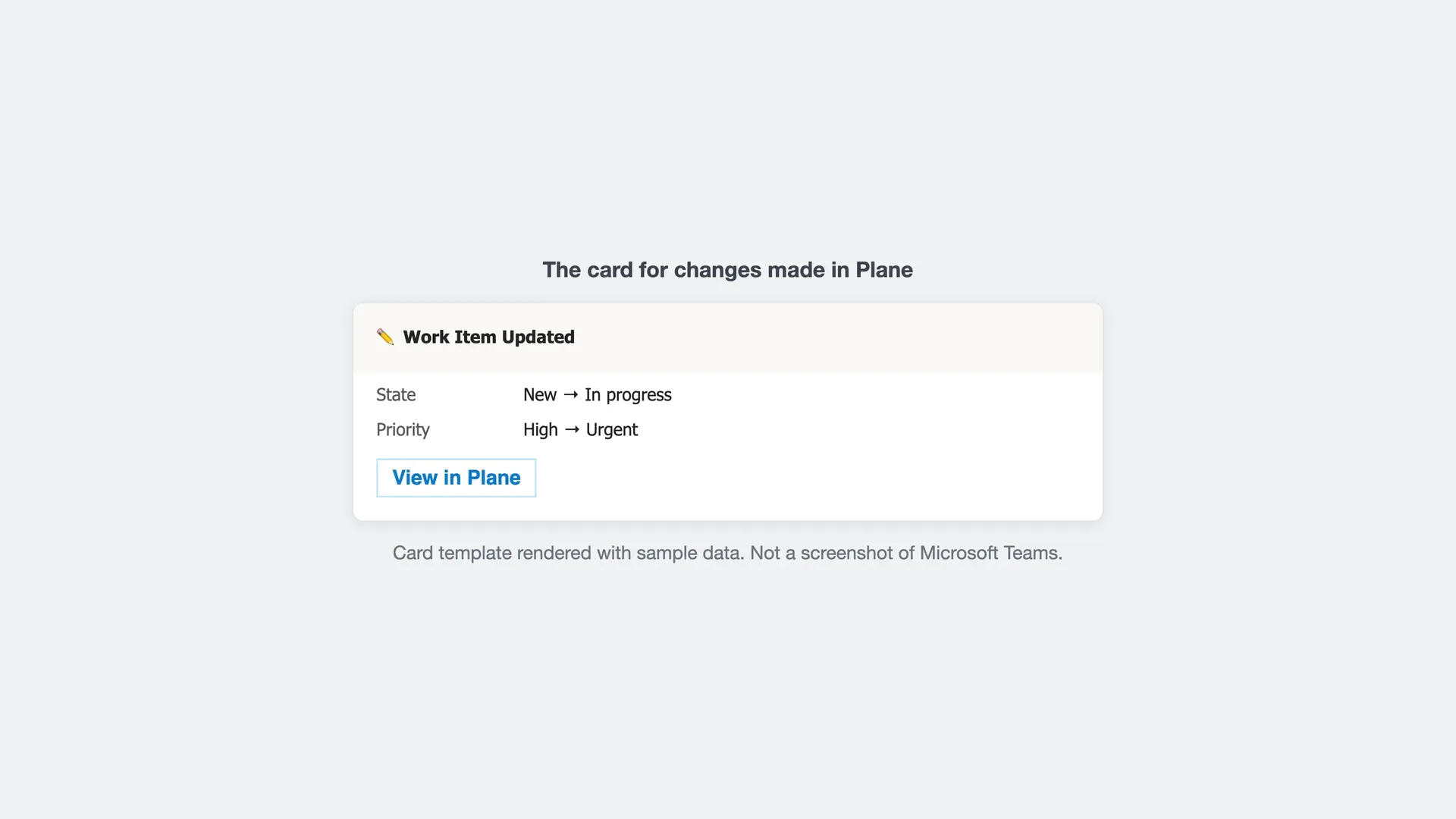 The card for changes made in Plane, here listing two. Rendered from the card template with sample data, not a screenshot of Teams.