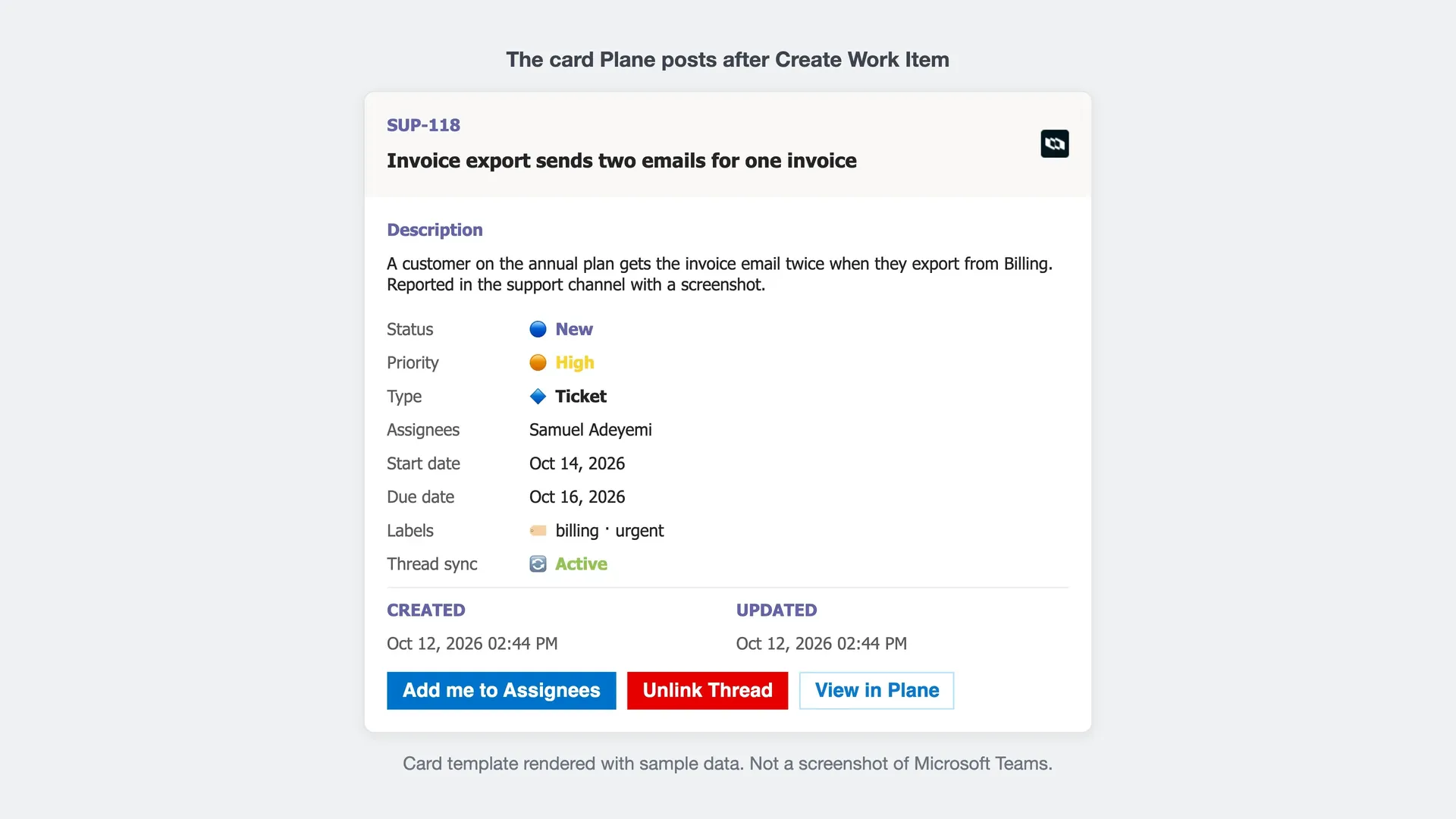 In a Teams channel, a work item is created from a customer message with thread sync on: the message's menu, Create Work Item, the form with the sync toggle shown, the card under the message, and a reply arriving in Plane