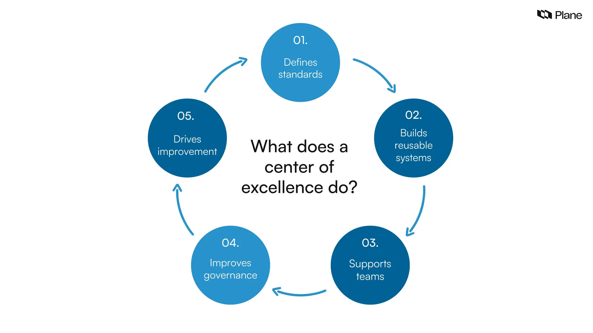 Graphic showing the main responsibilities of a center of excellence across an organization.