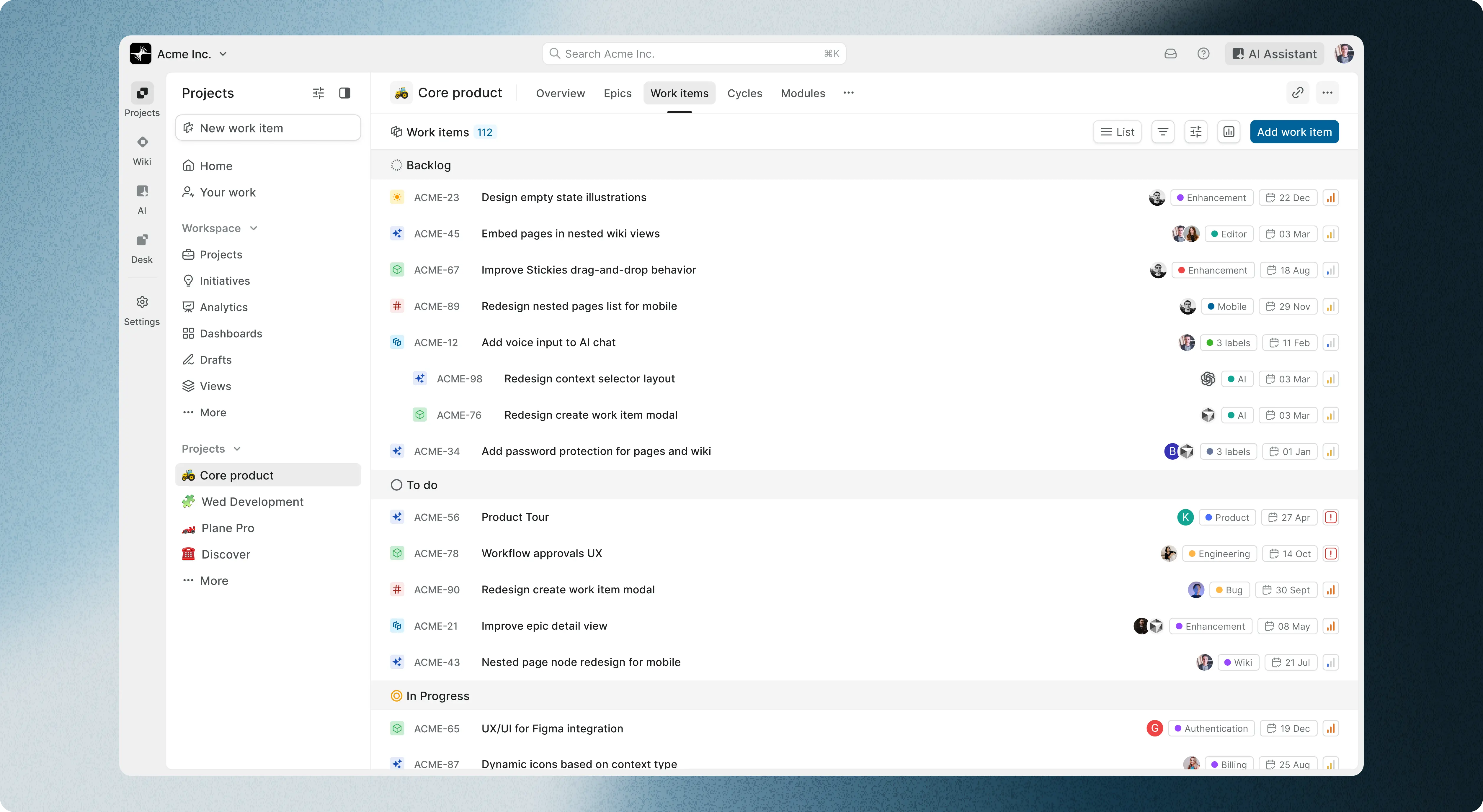 Plane — project management dashboard showing issues, cycles, and workspace overview
